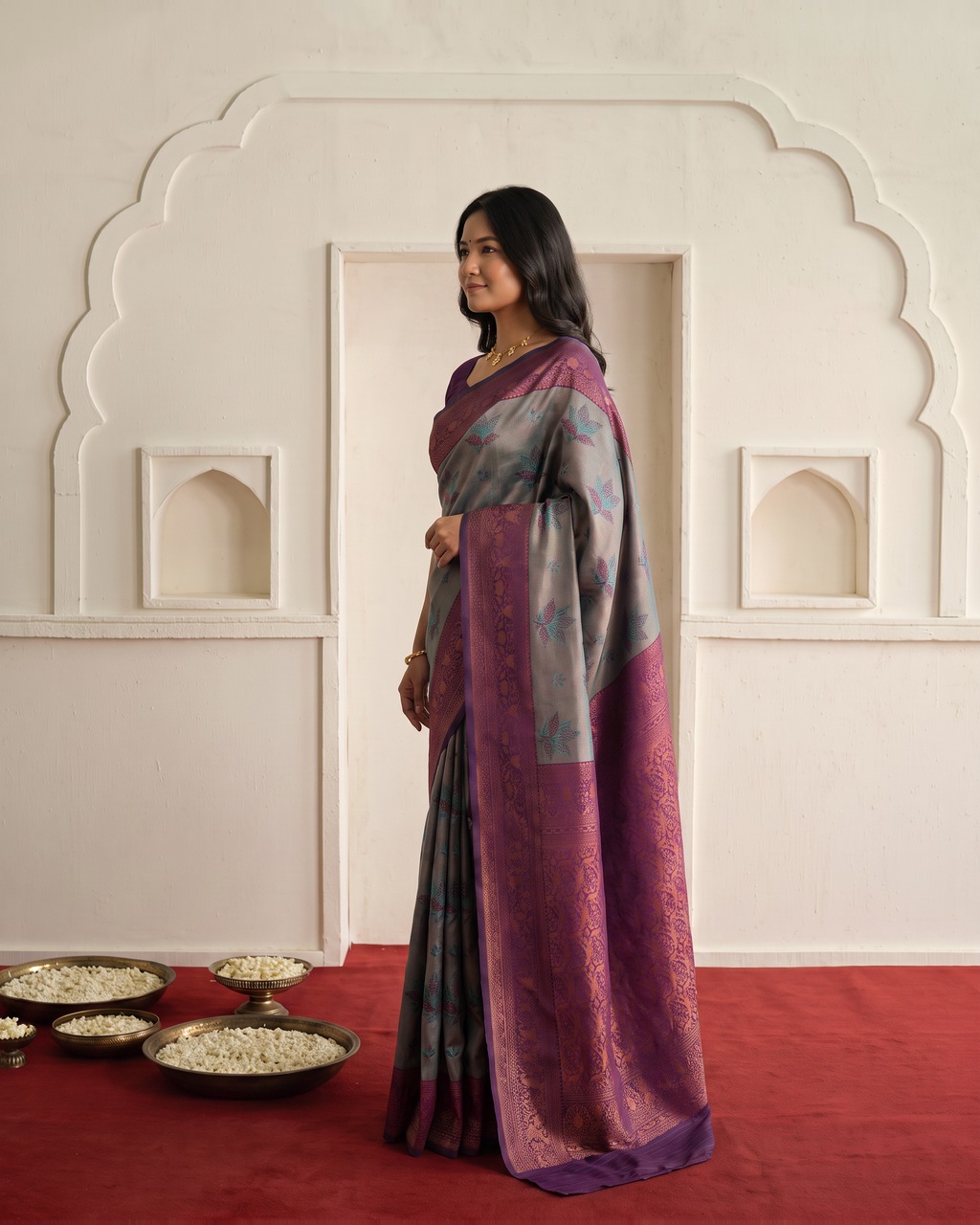 Plum Grey Silk Saree with Soft Floral Weave - side drape