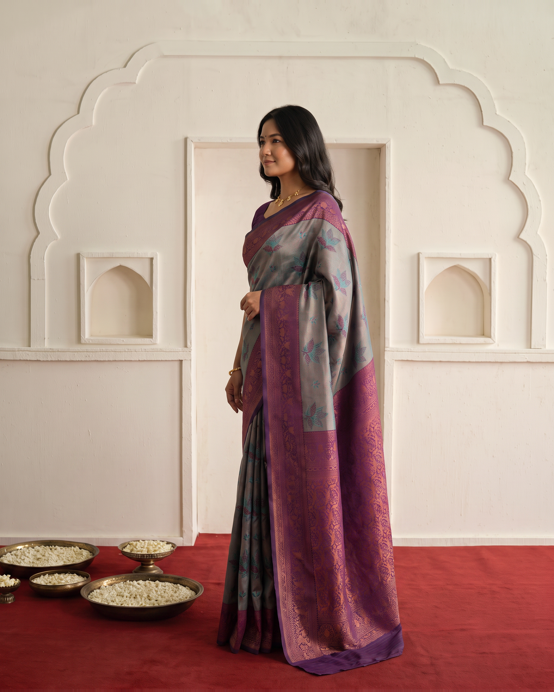 Plum Grey Silk Saree with Soft Floral Weave - side drape