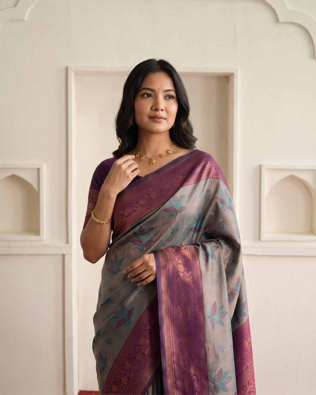 Plum Grey Silk Saree with Soft Floral Weave - upper closeup