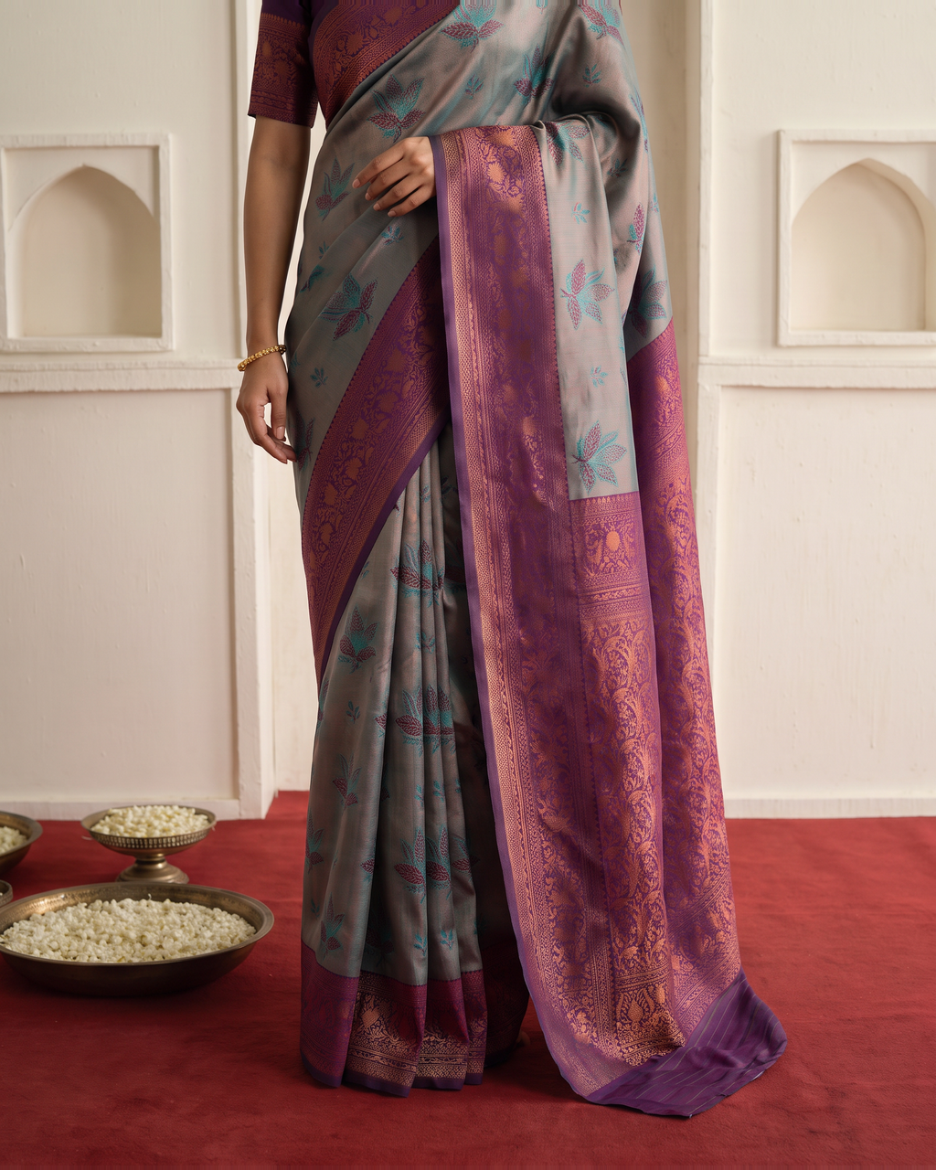 Plum Grey Silk Saree with Soft Floral Weave - lower closeup