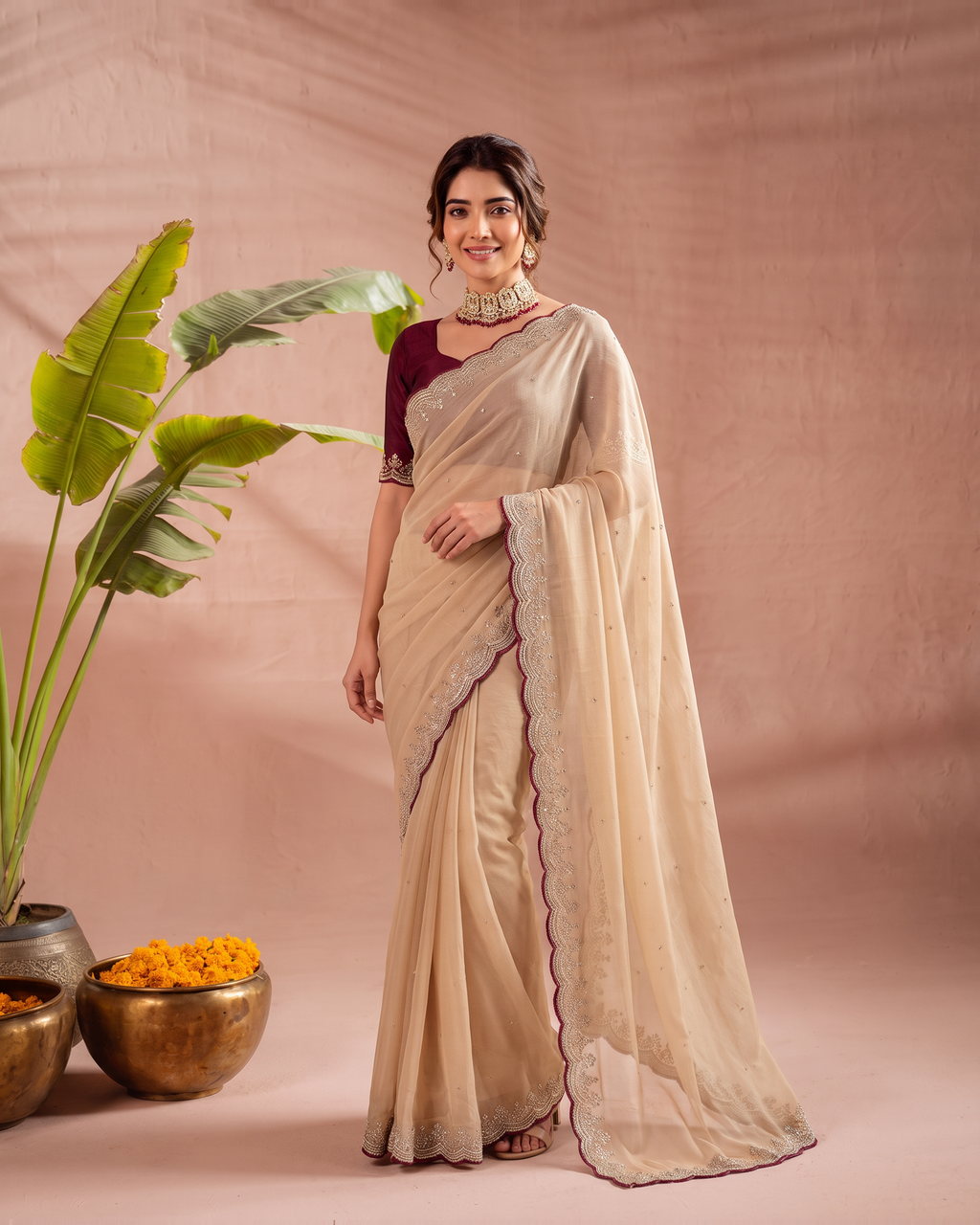 Pooja Star Butti Festive Saree with Elegant Motifs - Beige - full saree hero