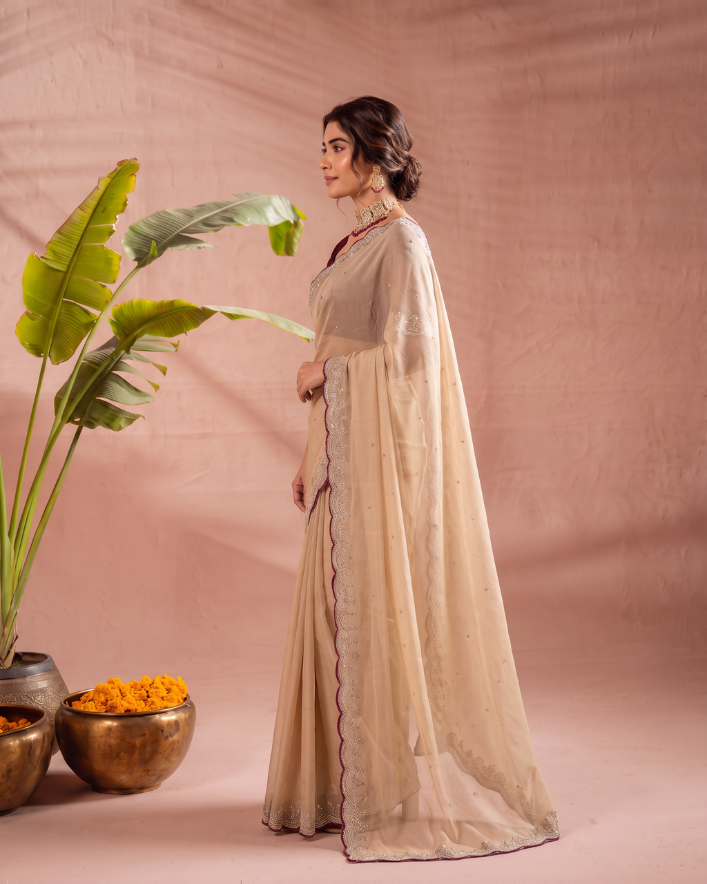 Pooja Star Butti Festive Saree with Elegant Motifs - Beige - side