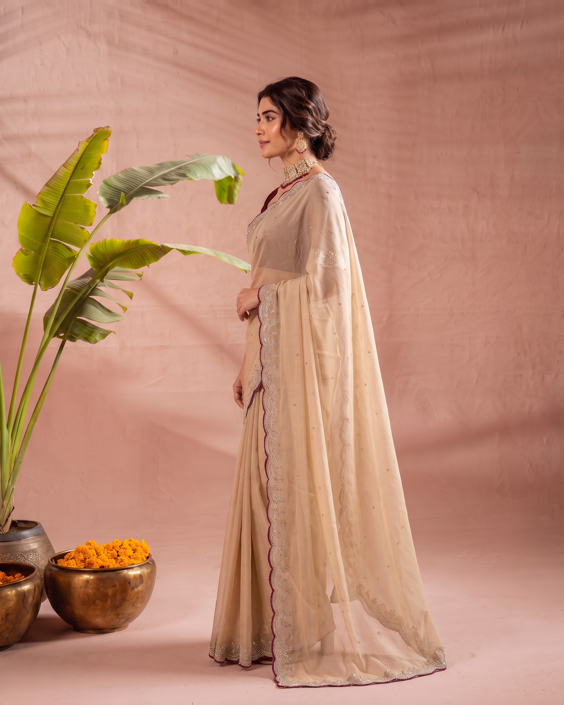 Pooja Star Butti Festive Saree with Elegant Motifs - Beige - side