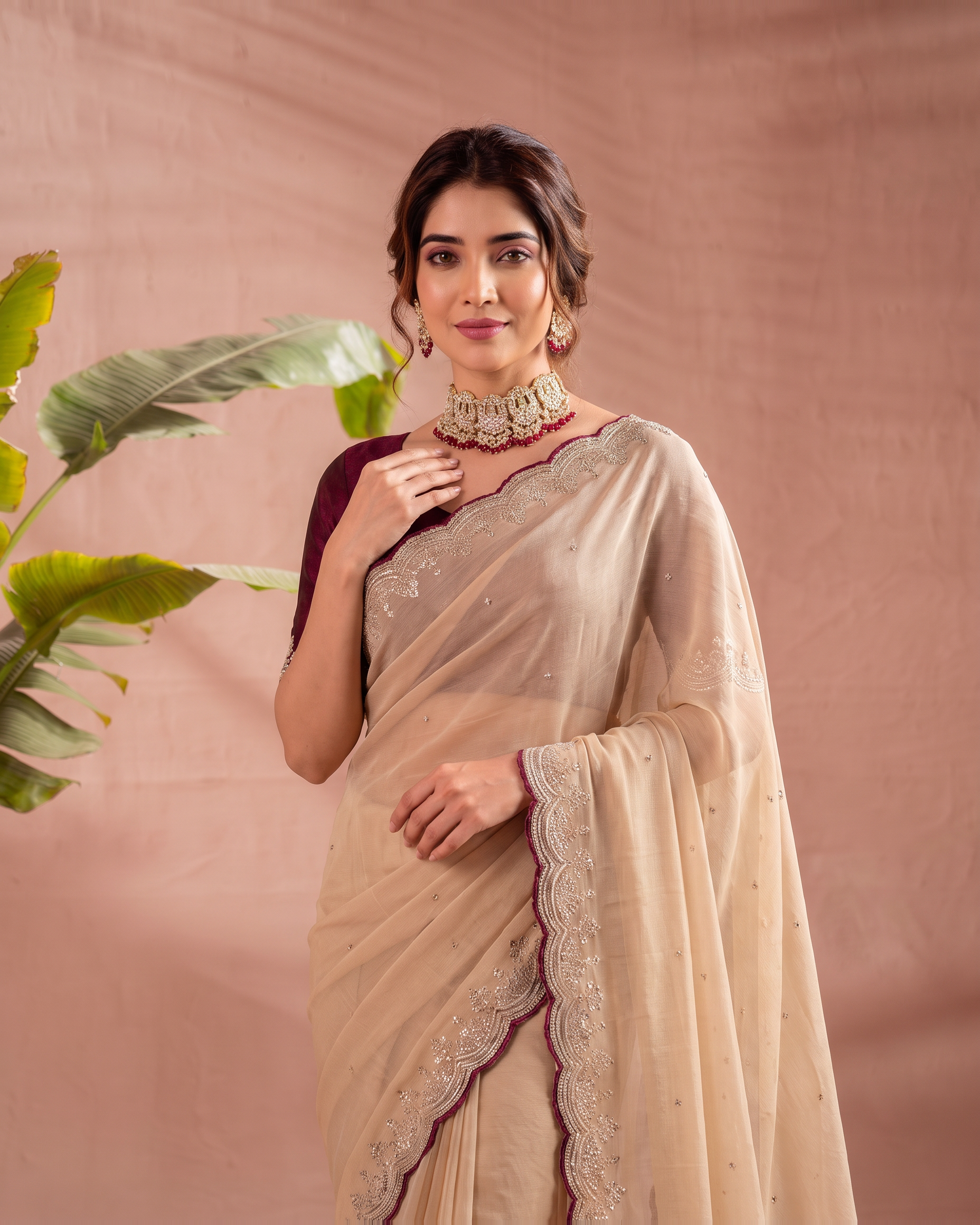 Pooja Star Butti Festive Saree with Elegant Motifs - Beige - upper closeup