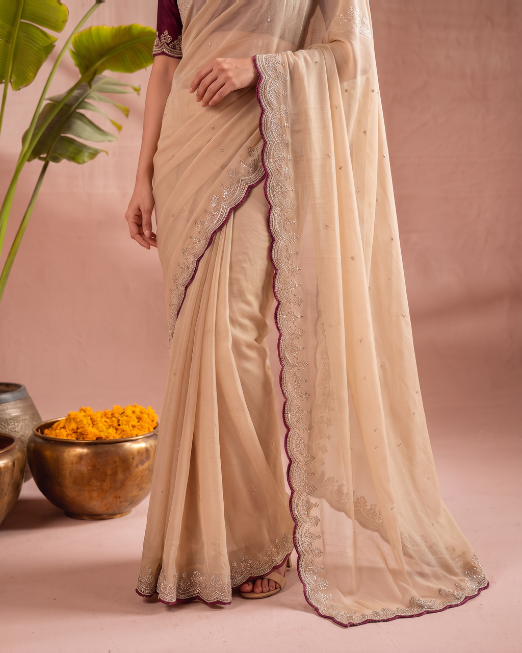 Pooja Star Butti Festive Saree with Elegant Motifs - Beige - lower closeup