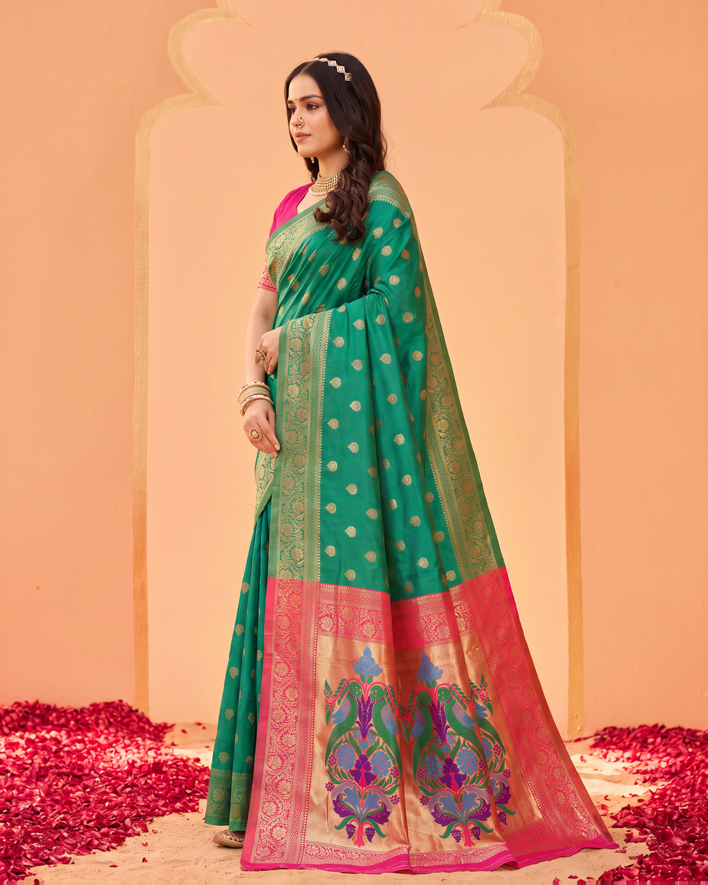 Pranavi Festive Border Paithani Silk Saree - Aqua Green - side drape