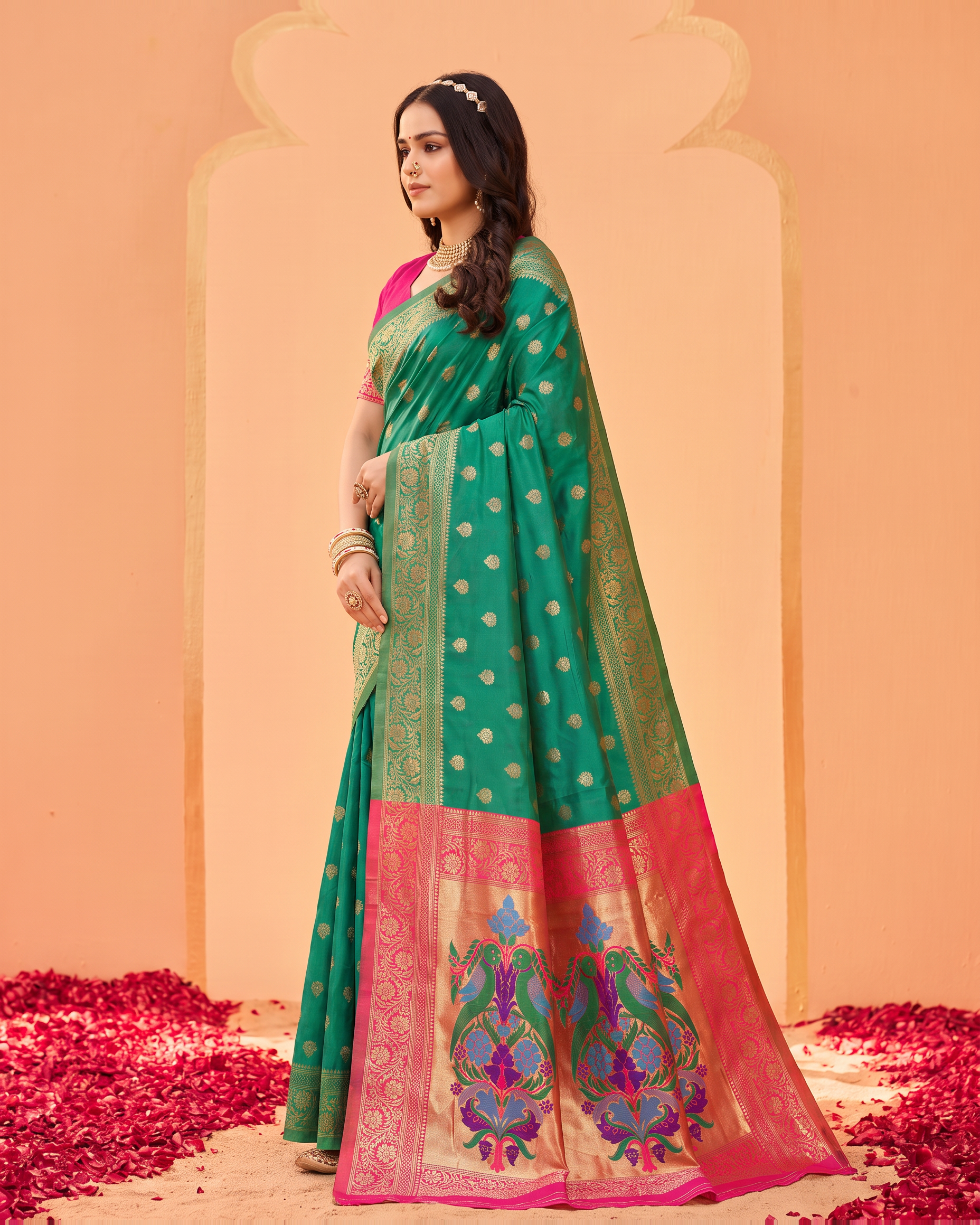 Pranavi Festive Border Paithani Silk Saree - Aqua Green - side drape