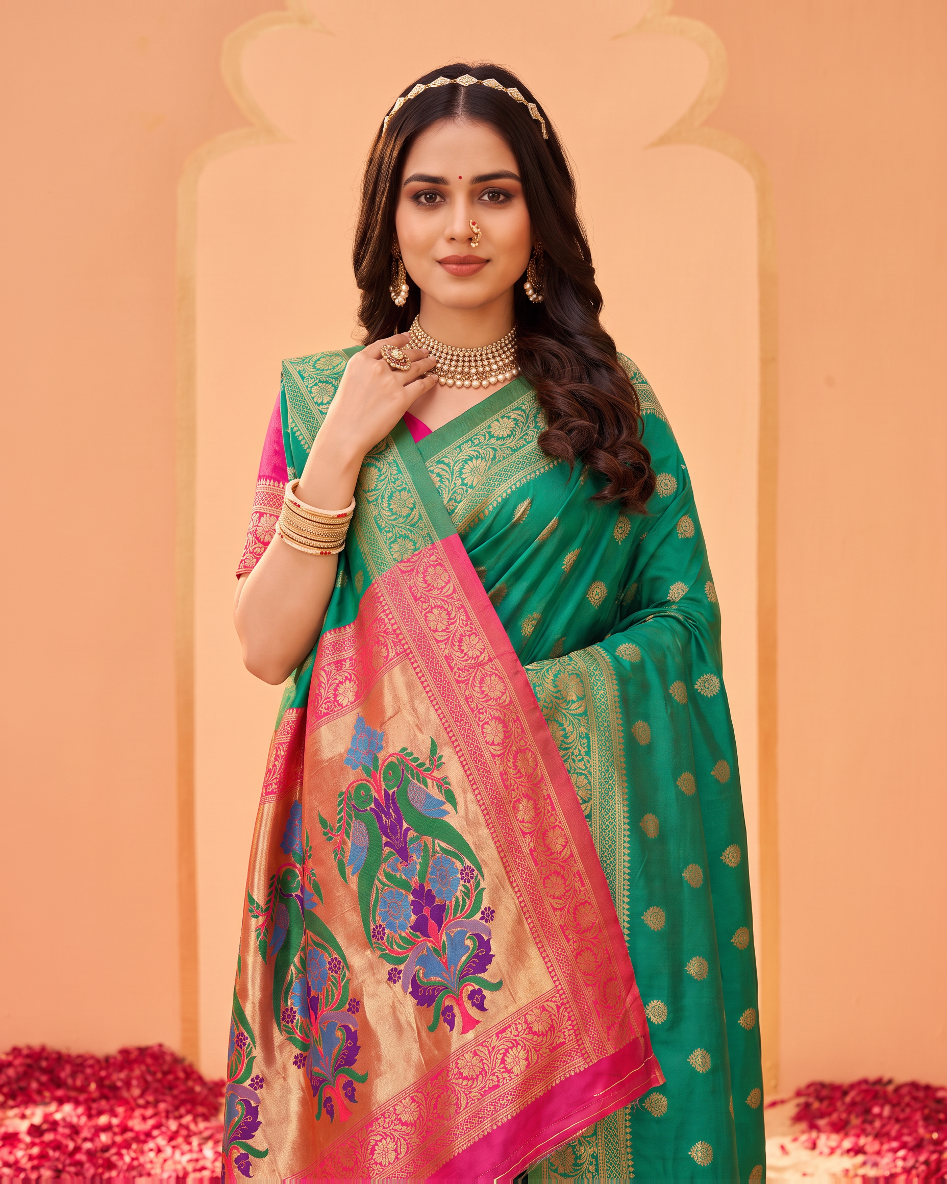 Pranavi Festive Border Paithani Silk Saree - Aqua Green - upper closeup