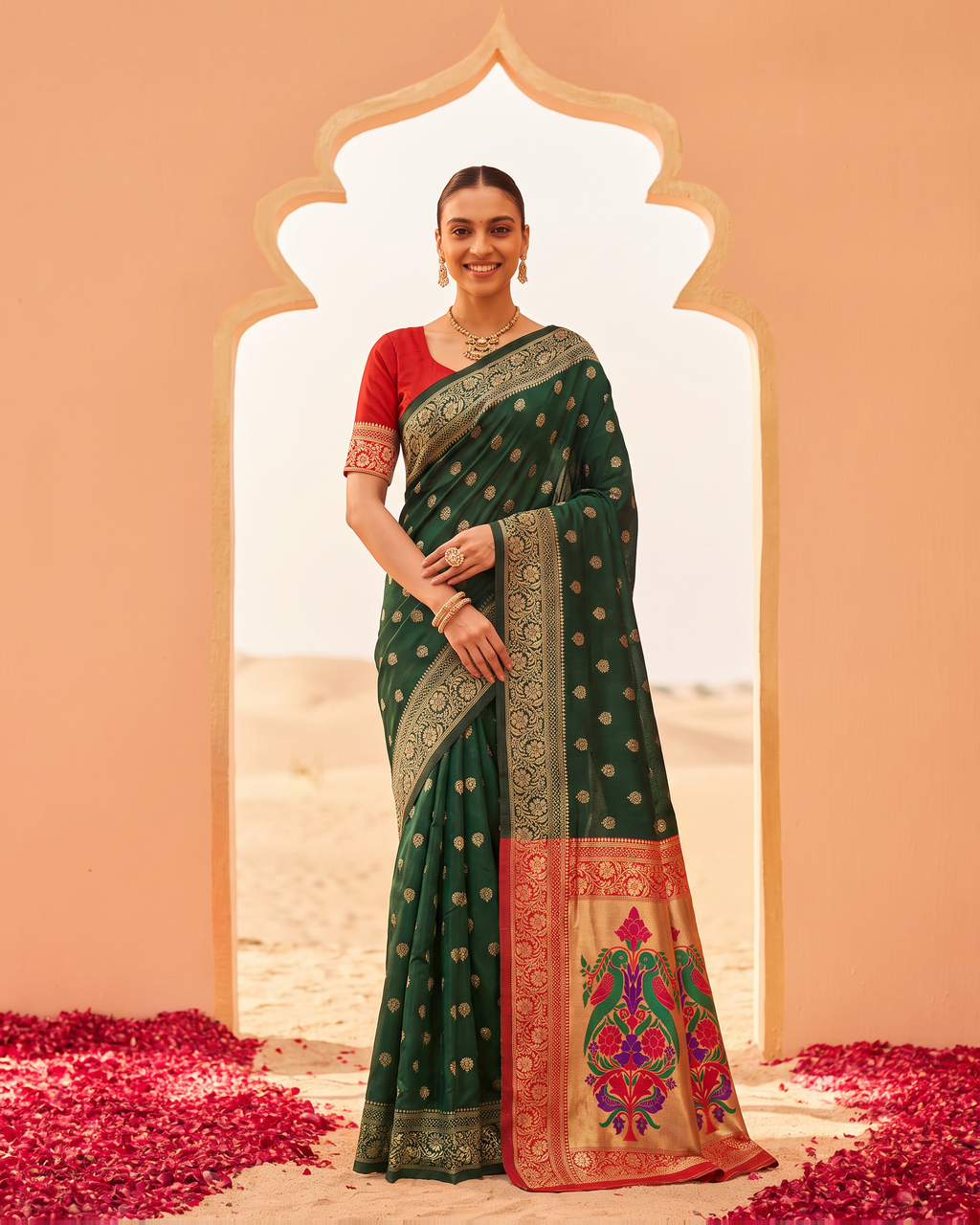 Pranavi Festive Border Paithani Silk Saree - Green - full saree hero