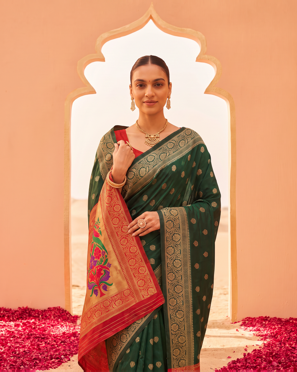Pranavi Festive Border Paithani Silk Saree - Green - upper closeup