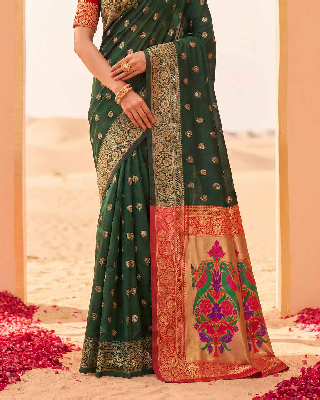 Pranavi Festive Border Paithani Silk Saree - Green - lower closeup