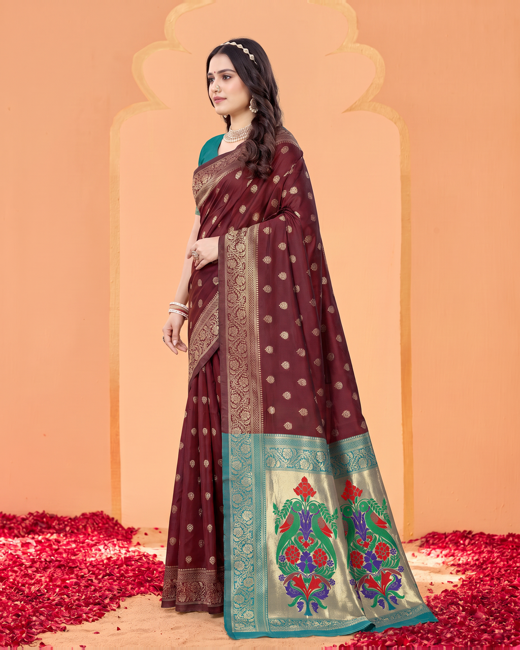Pranavi Festive Border Paithani Silk Saree - Maroon - side drape