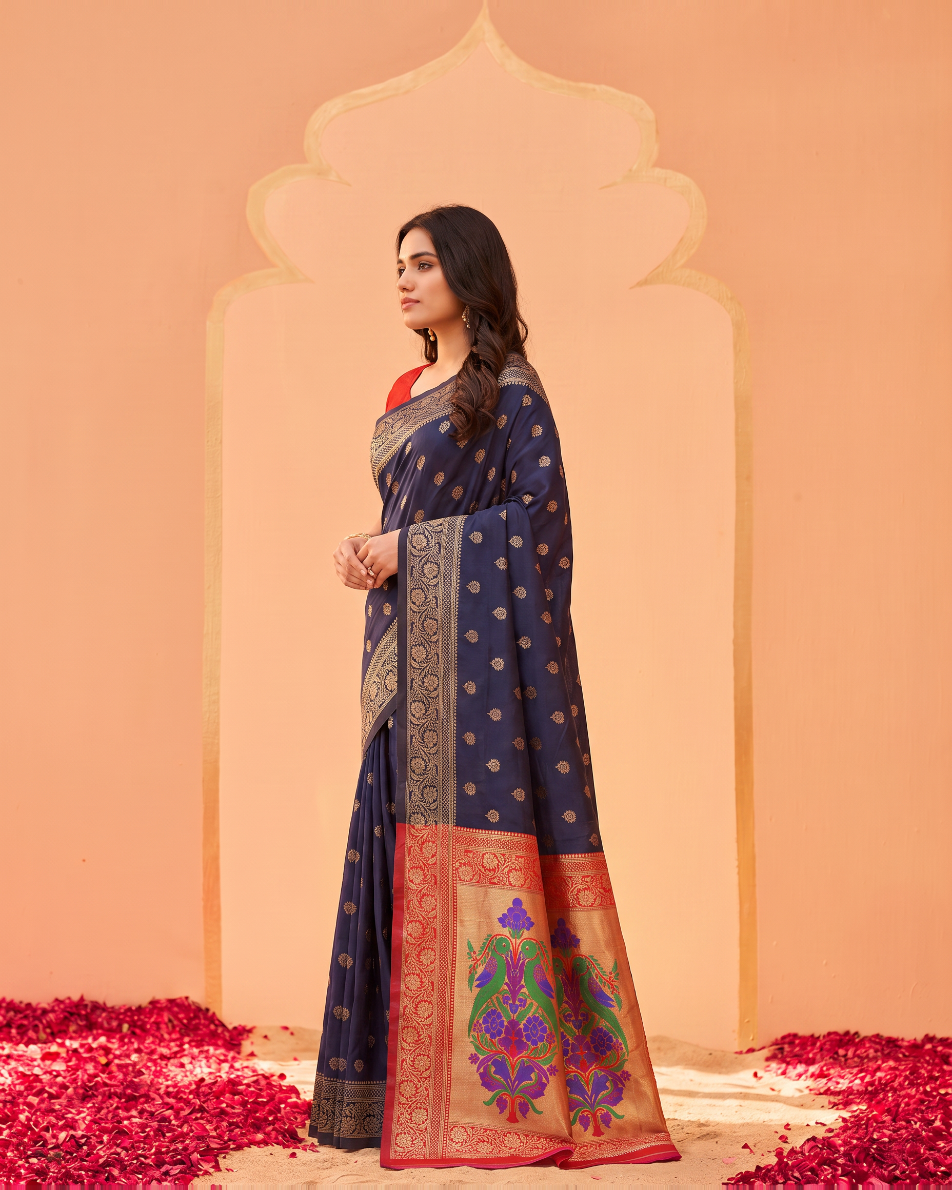 Pranavi Festive Border Paithani Silk Saree - Navy Blue - side drape