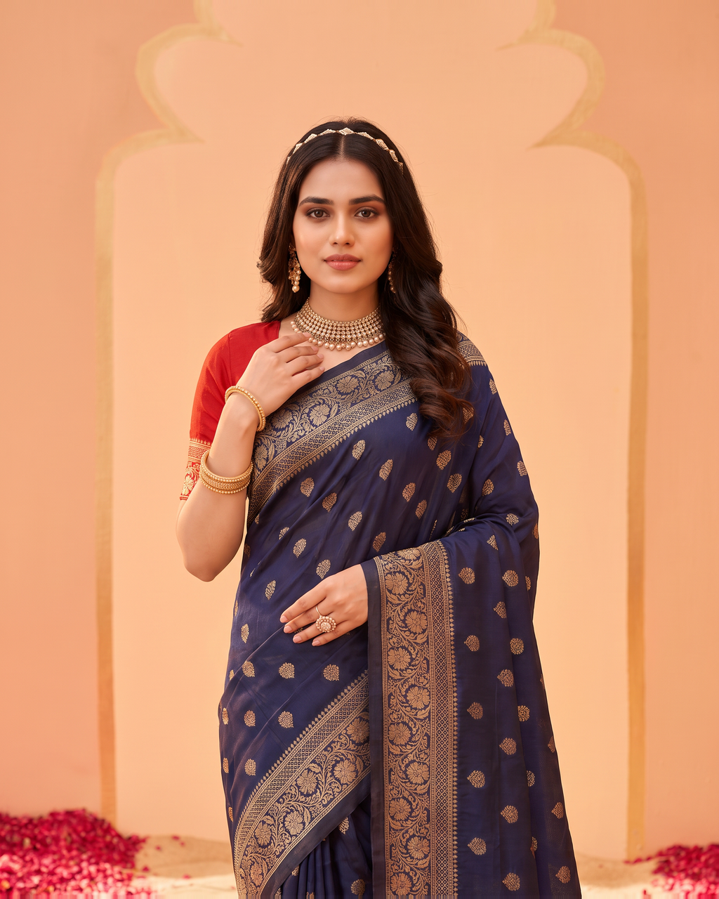 Pranavi Festive Border Paithani Silk Saree - Navy Blue - upper closeup