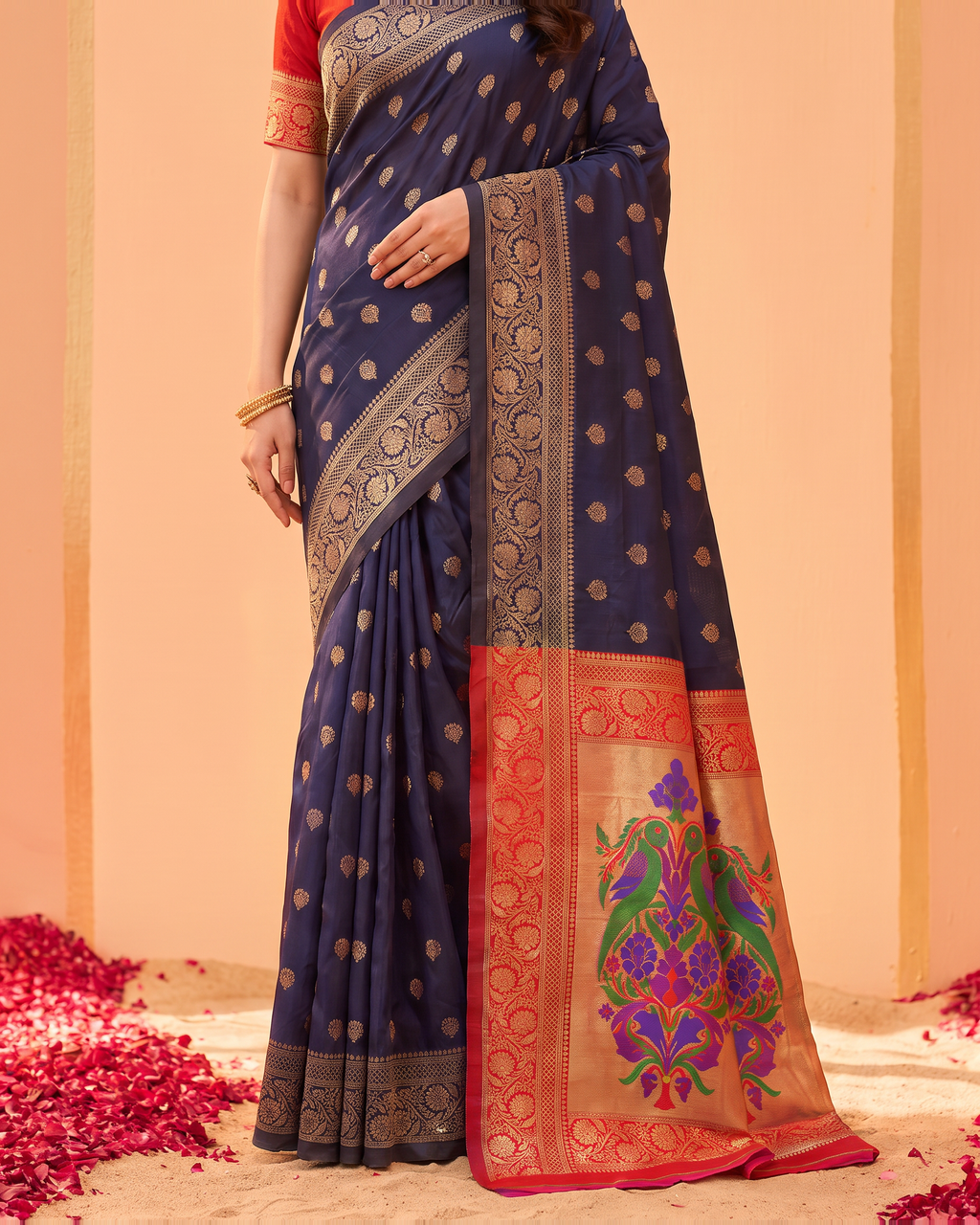 Pranavi Festive Border Paithani Silk Saree - Navy Blue - lower closeup