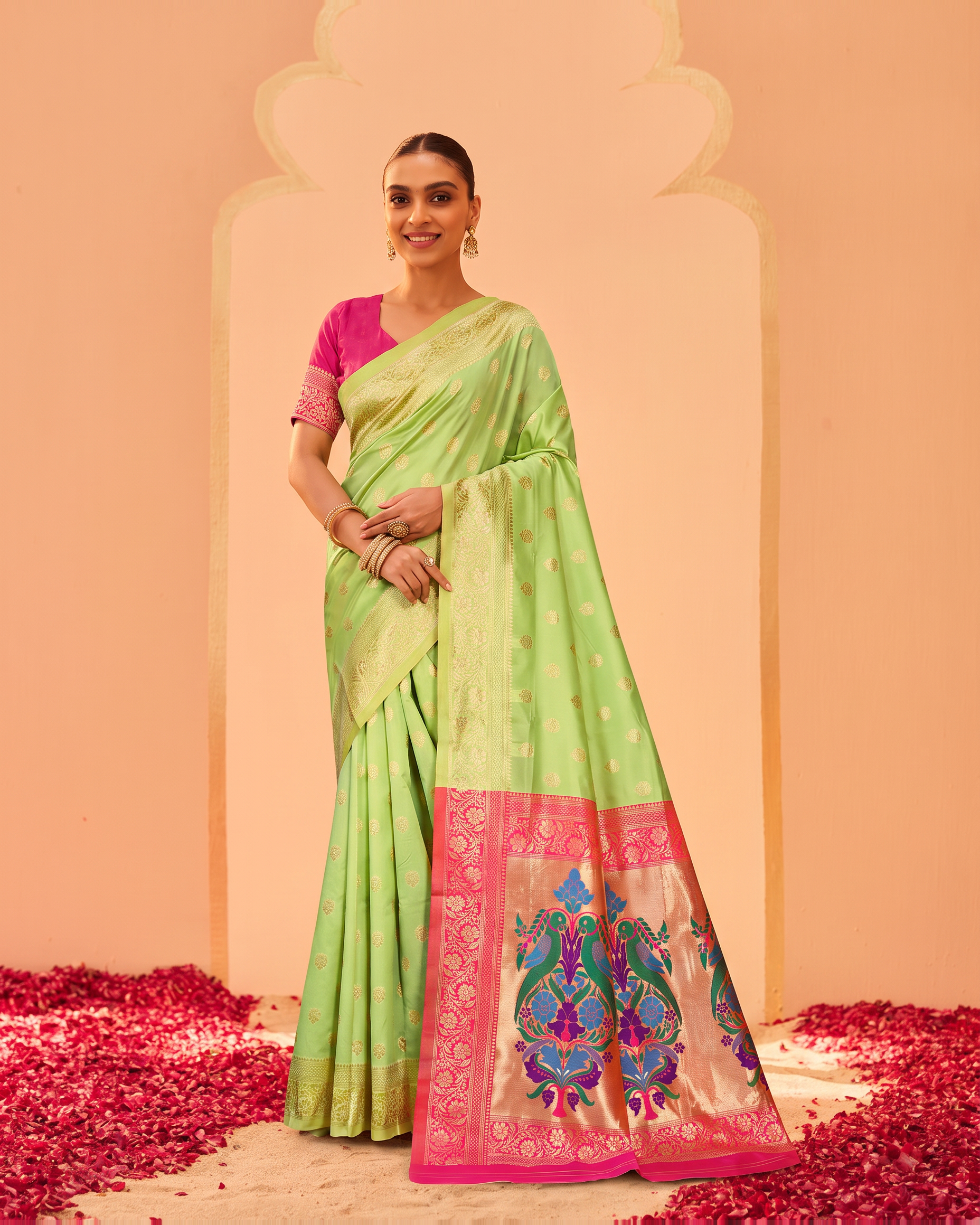 Pranavi Festive Border Paithani Silk Saree - Pista Green - full saree hero
