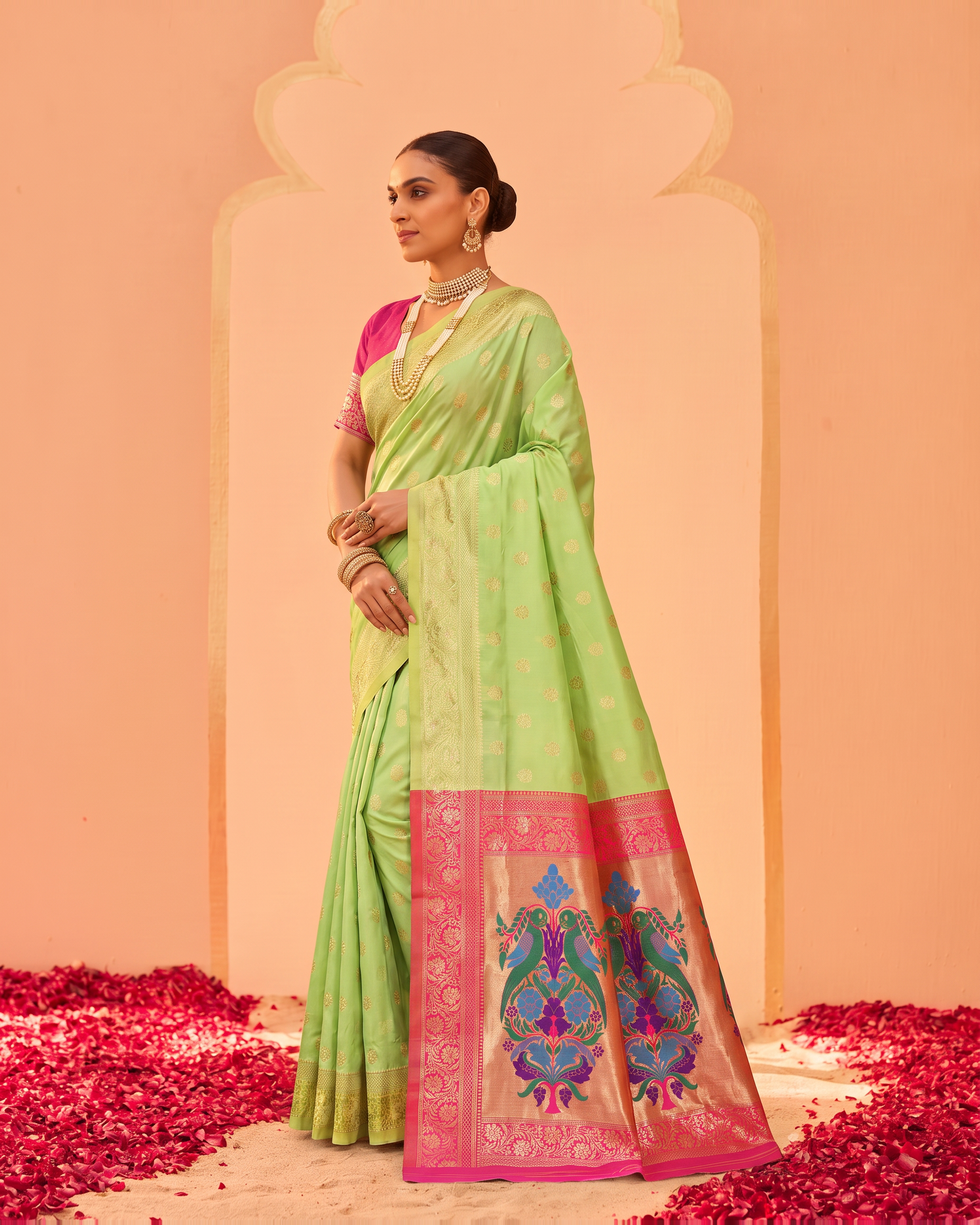 Pranavi Festive Border Paithani Silk Saree - Pista Green - side drape