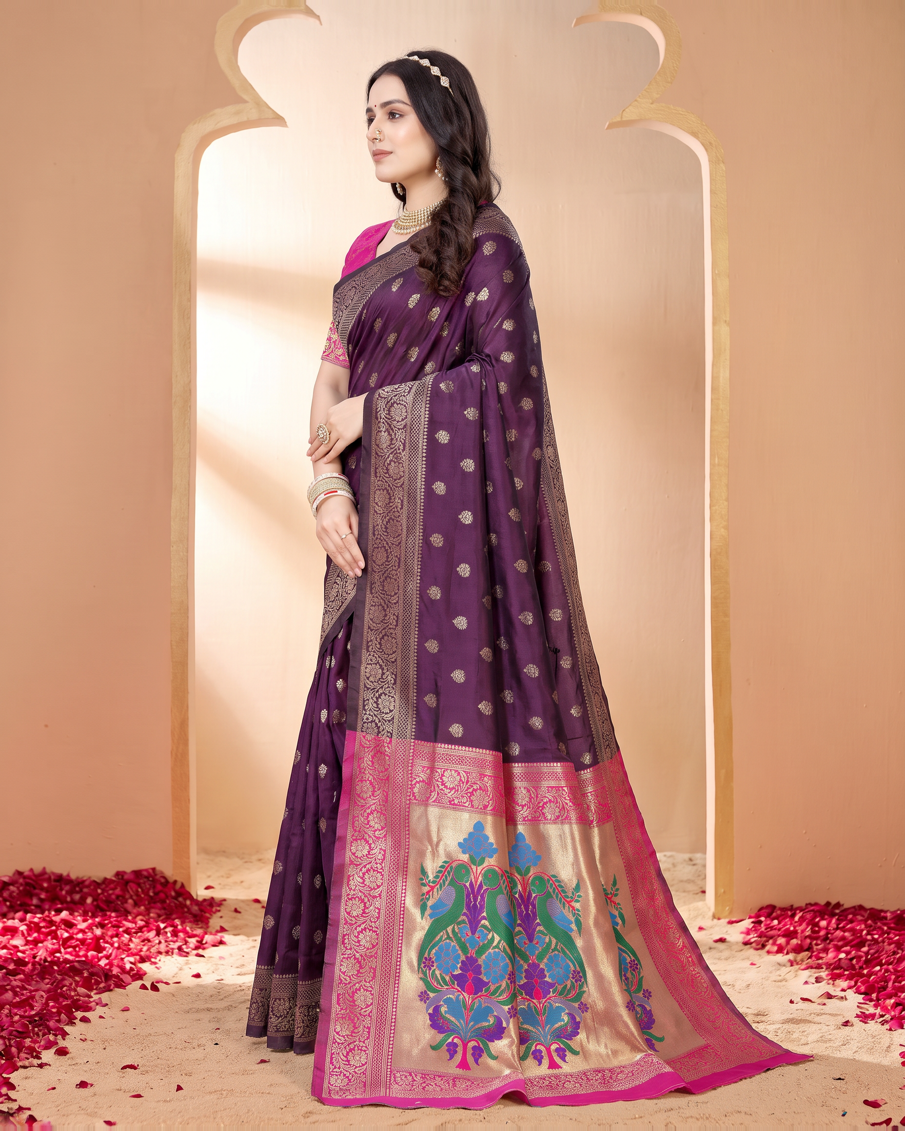 Pranavi Festive Border Paithani Silk Saree - Purple - side drape