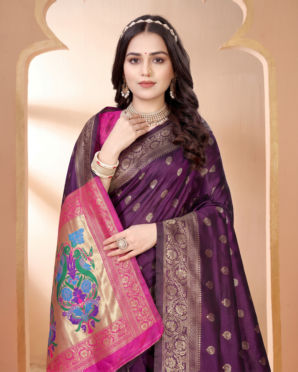 Pranavi Festive Border Paithani Silk Saree - Purple - upper closeup