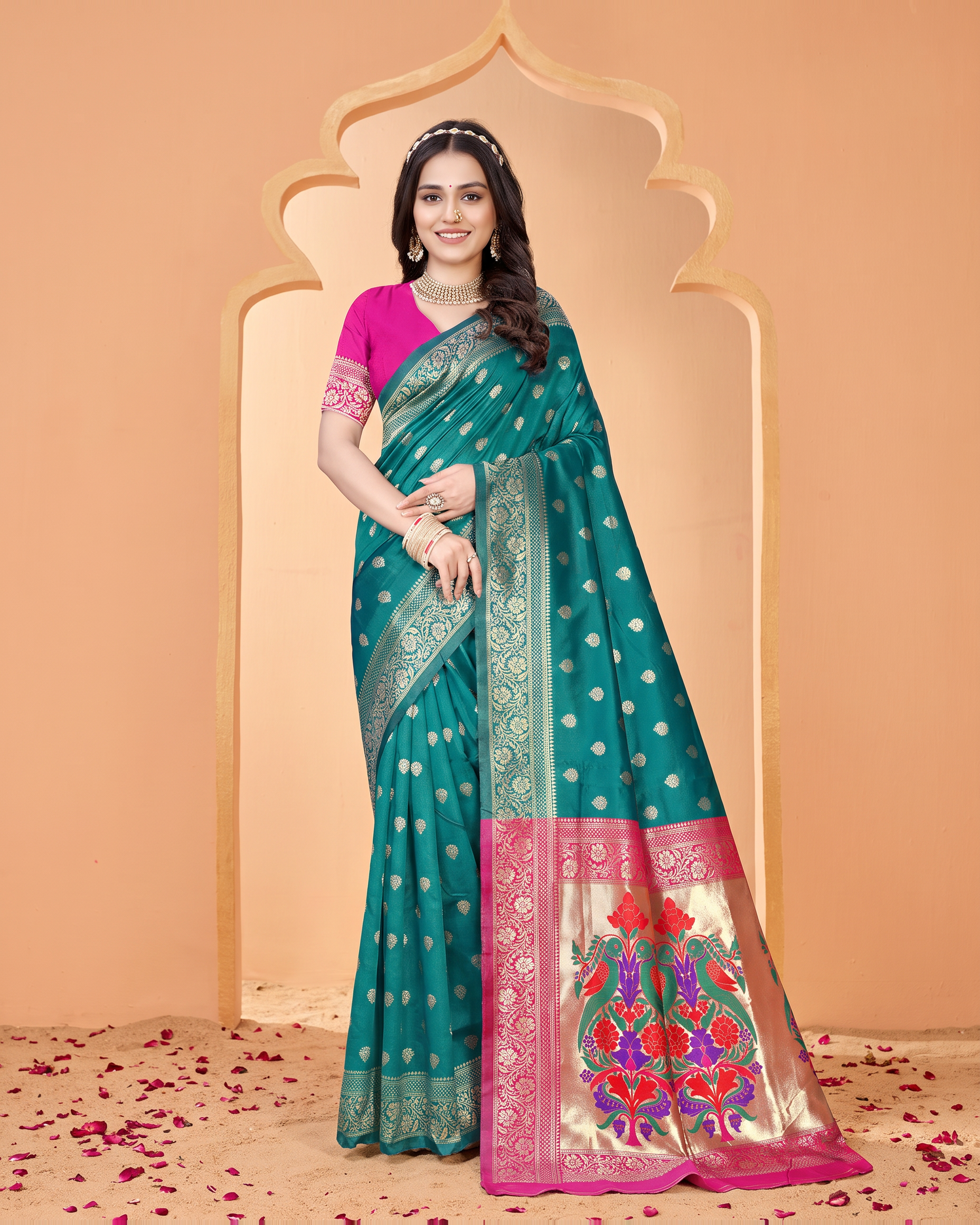 Pranavi Festive Border Paithani Silk Saree - Rama Green - full saree hero