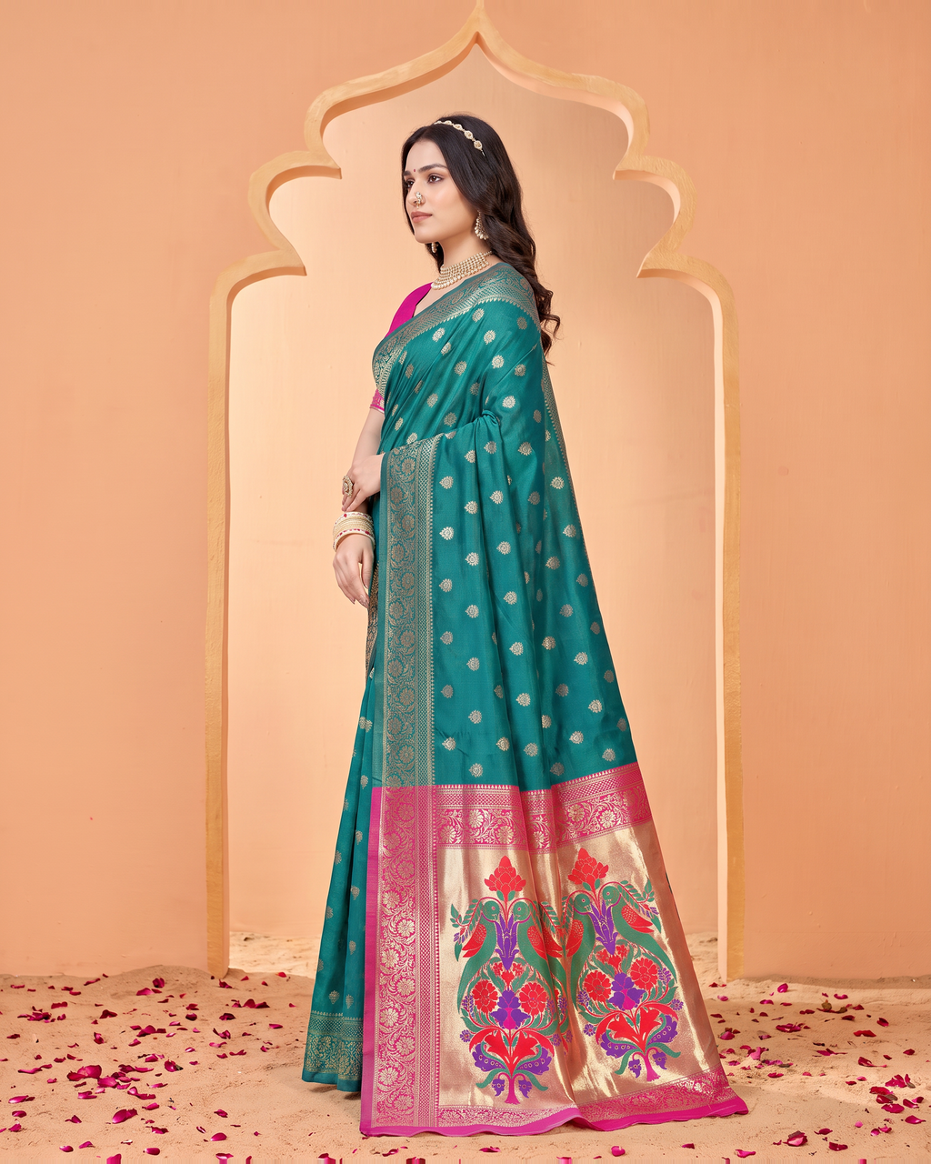 Pranavi Festive Border Paithani Silk Saree - Rama Green - side drape