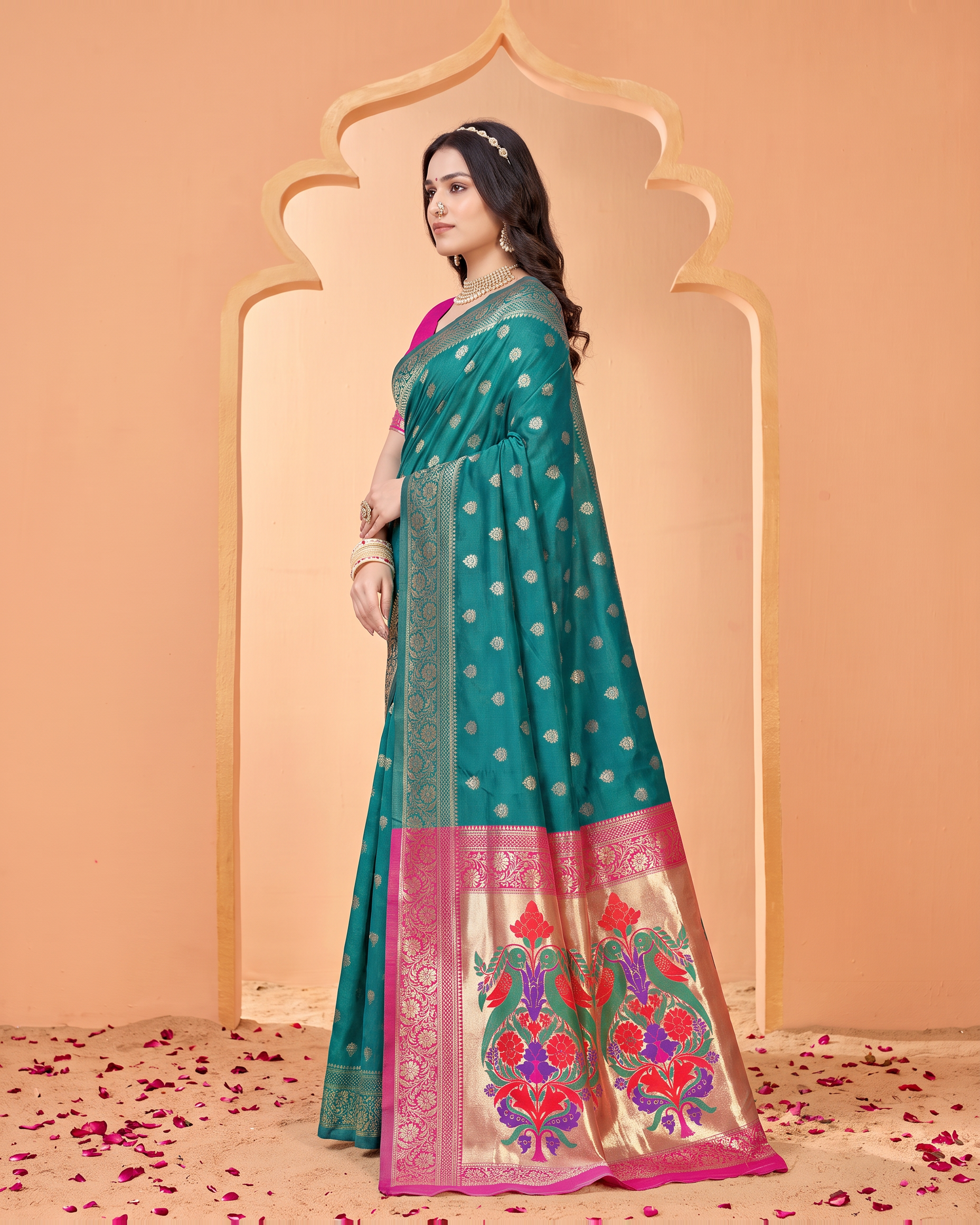 Pranavi Festive Border Paithani Silk Saree - Rama Green - side drape