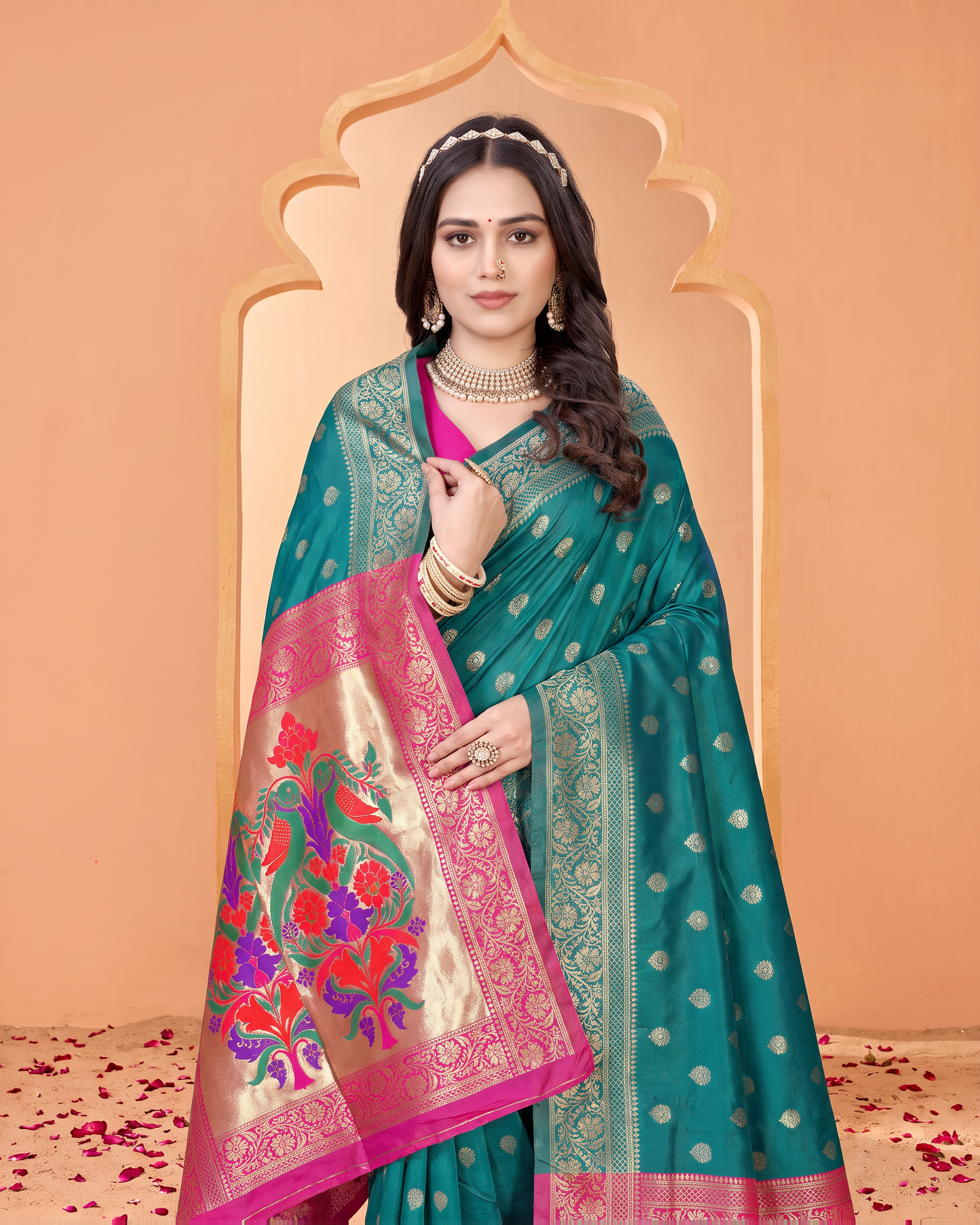 Pranavi Festive Border Paithani Silk Saree - Rama Green - upper closeup