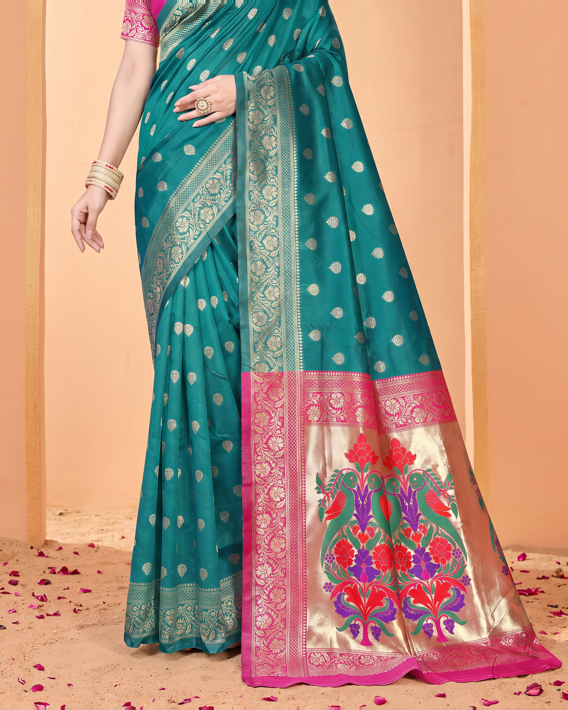 Pranavi Festive Border Paithani Silk Saree - Rama Green - lower closeup