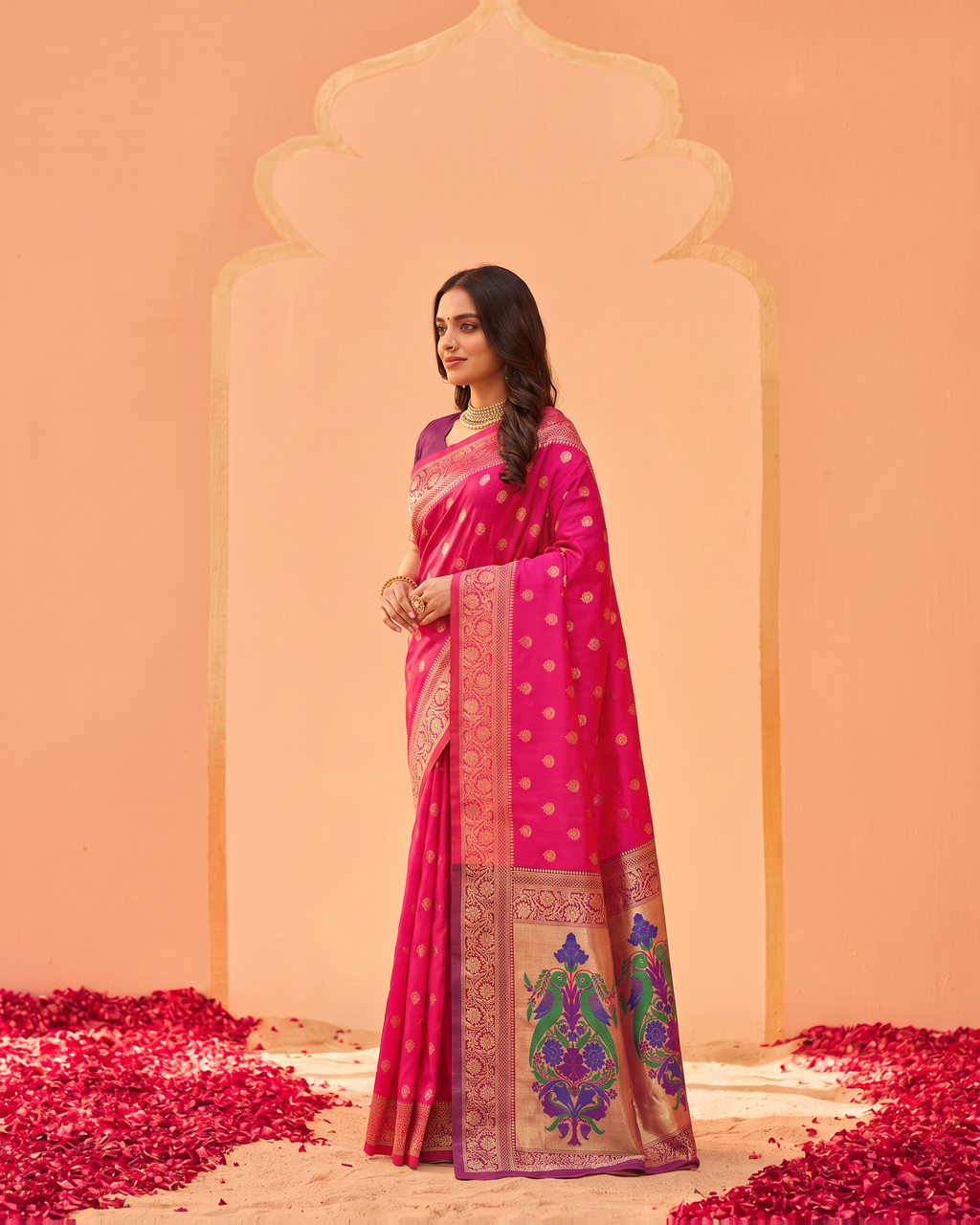 Pranavi Festive Border Paithani Silk Saree - Rani Pink - side drape