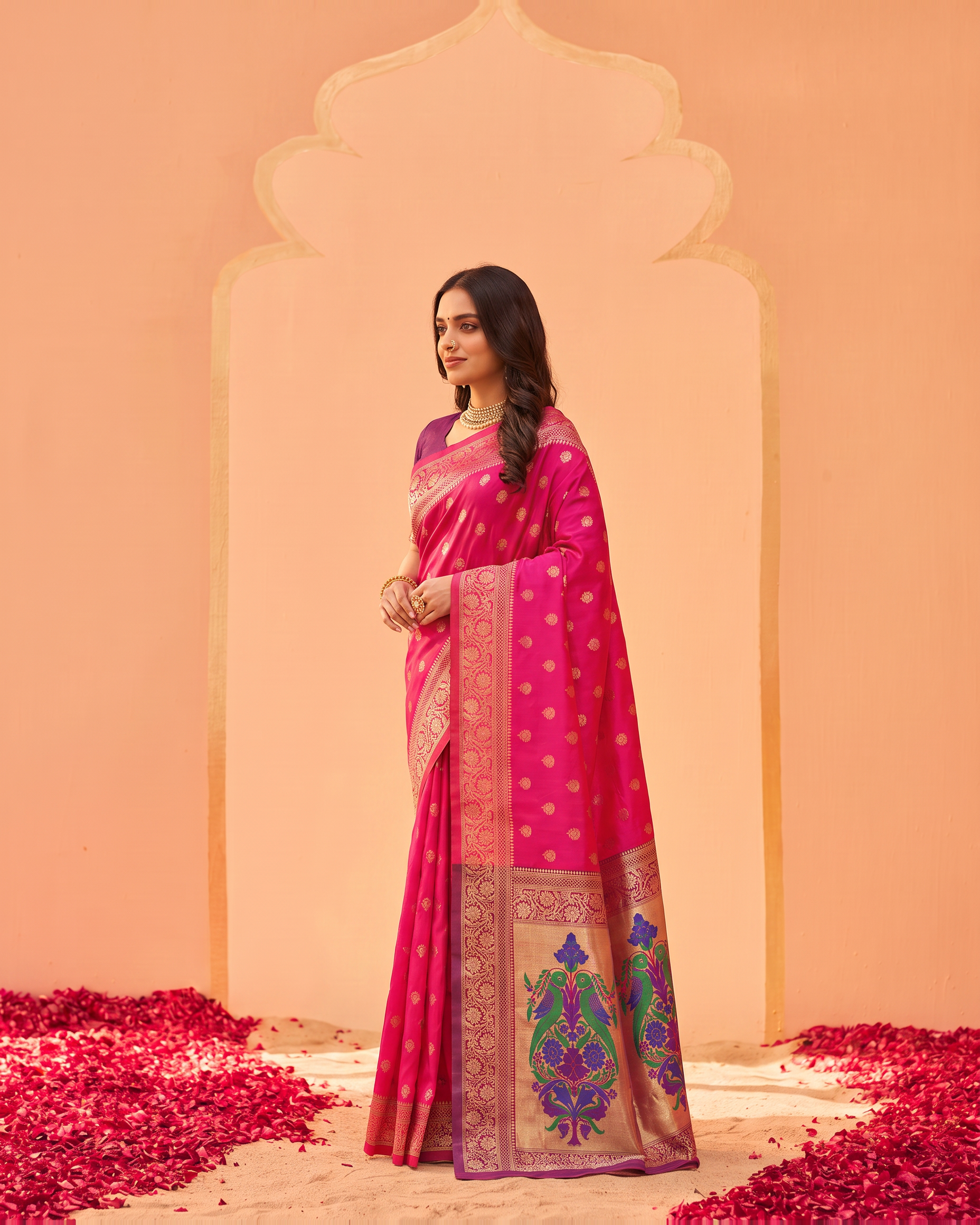 Pranavi Festive Border Paithani Silk Saree - Rani Pink - side drape