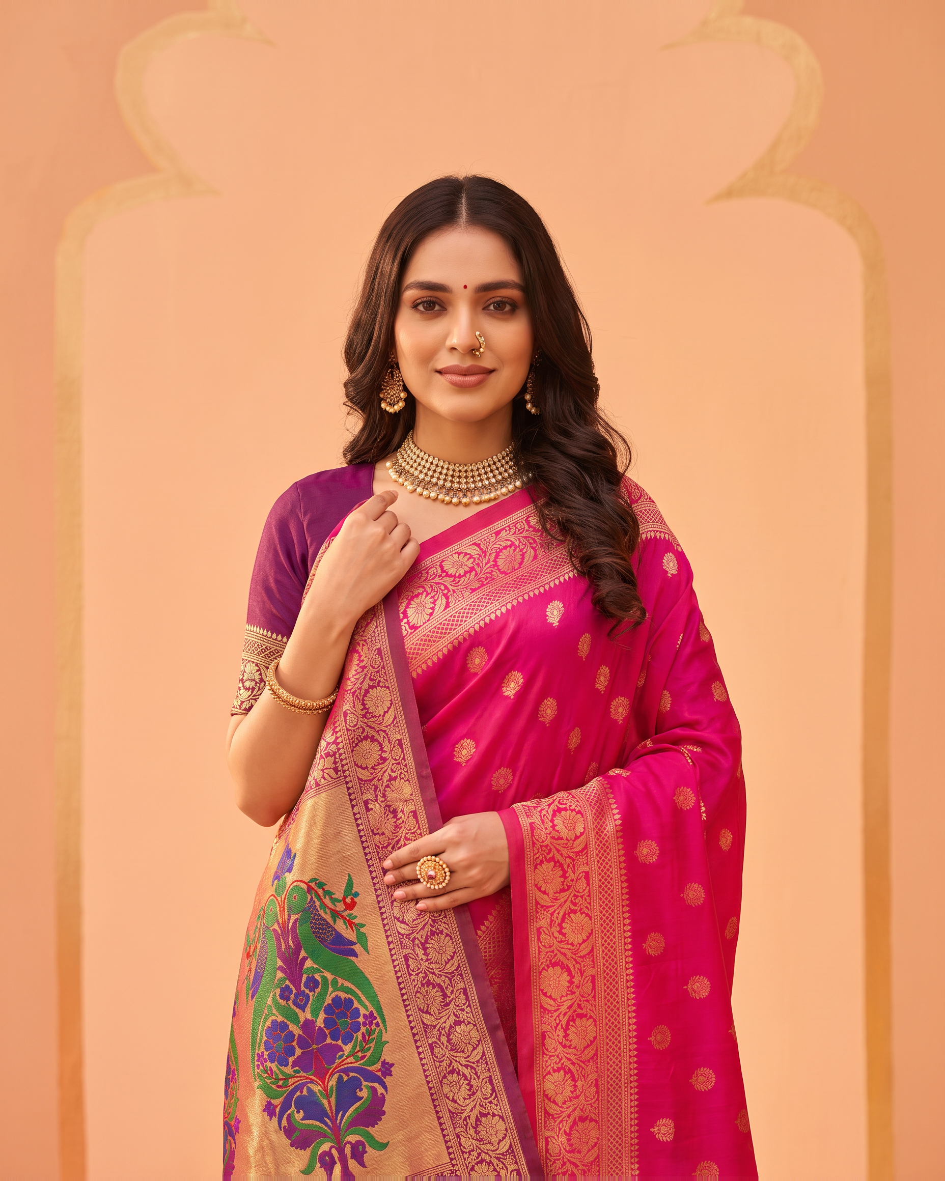 Pranavi Festive Border Paithani Silk Saree - Rani Pink - upper closeup