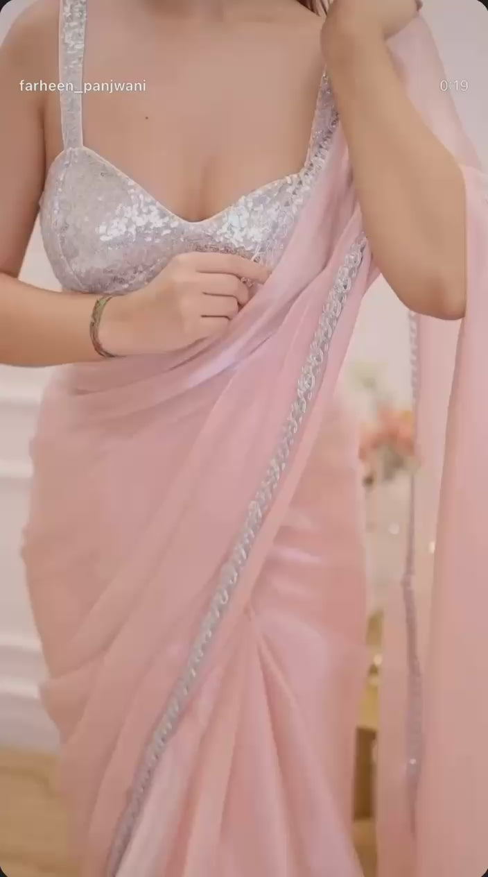 Elegant Peach Organza Pre Drapped Saree with Sequin Border