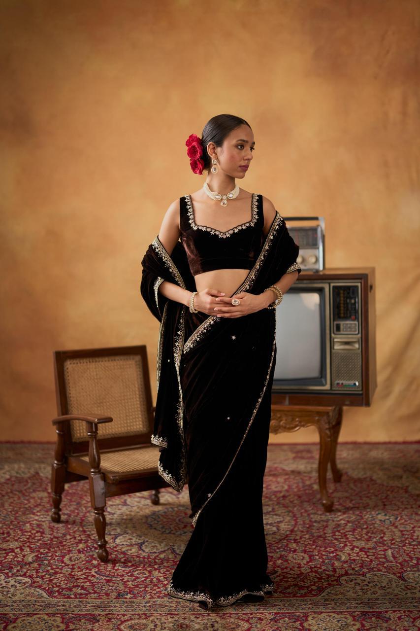 Noor Black Velvet Bridal Embroidered Saree