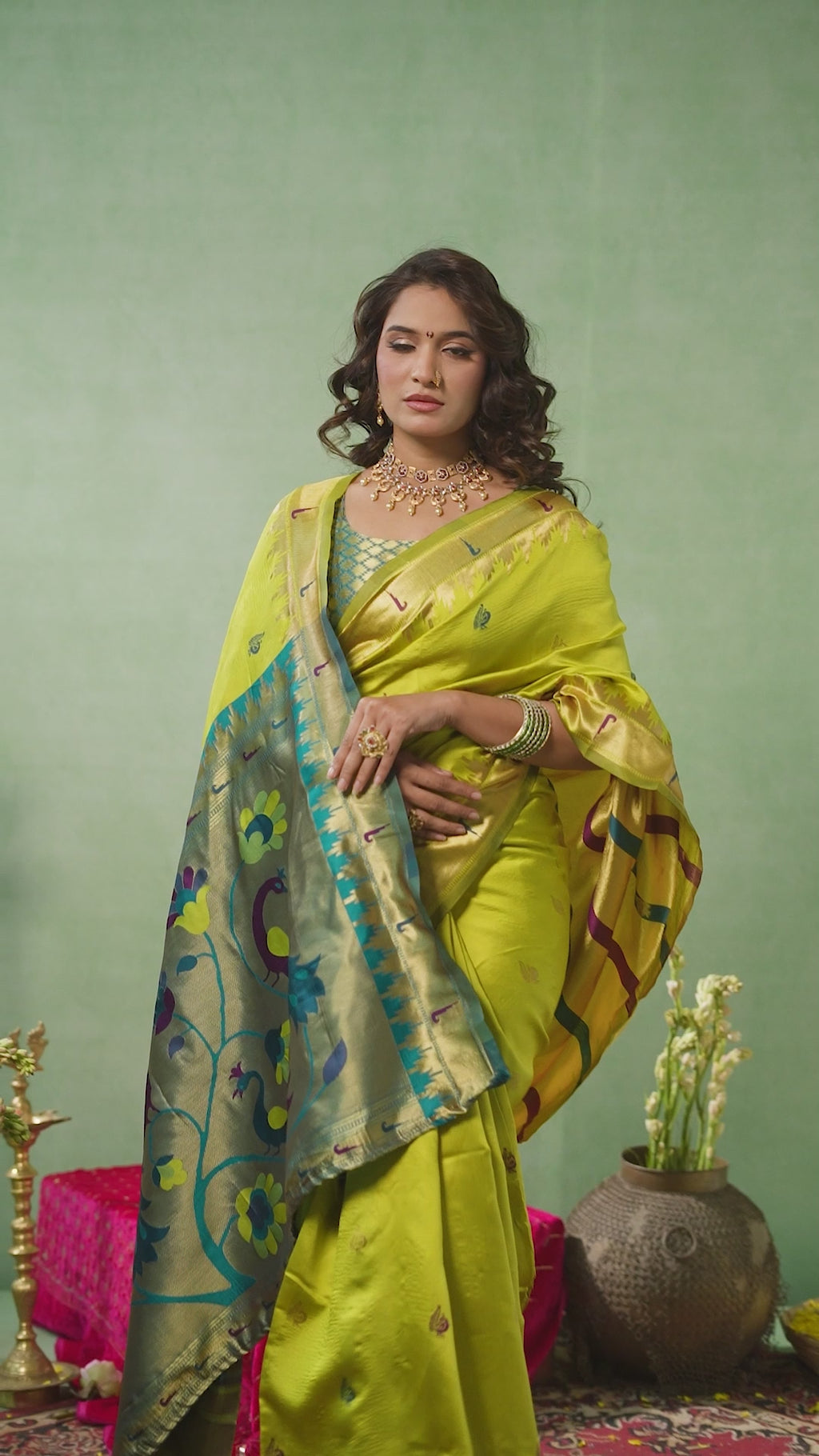 "The Golden Glow of Tradition silk bland butti weaving Paithani saree