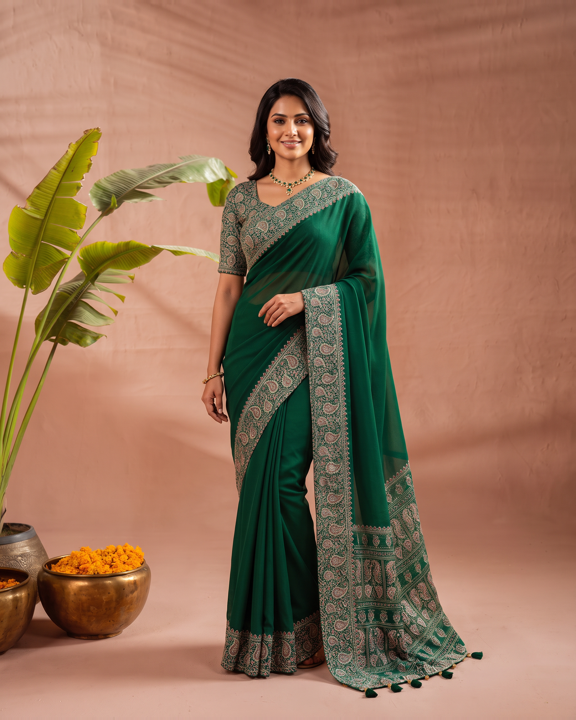 Prisha Green Gaji Festive Saree with Classic Pallu - Green - full saree hero