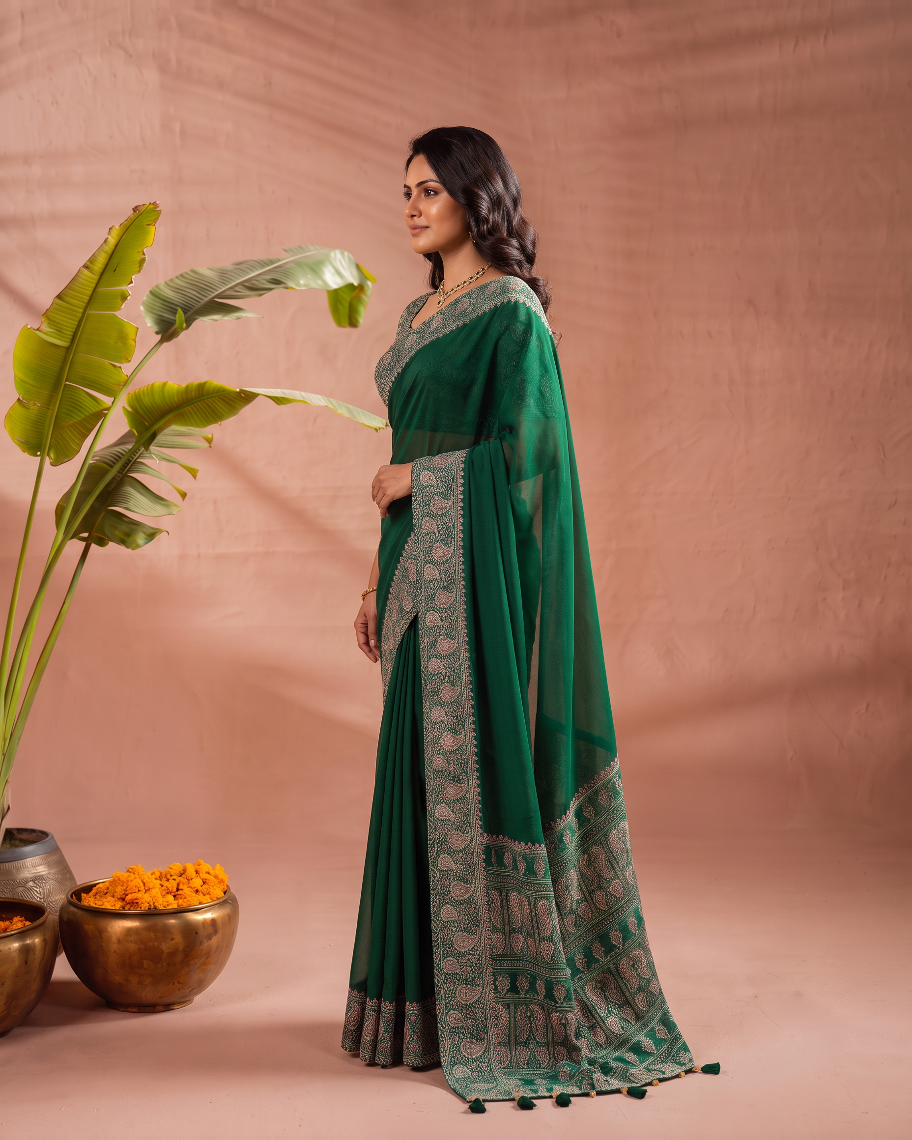Prisha Green Gaji Festive Saree with Classic Pallu - Green - side