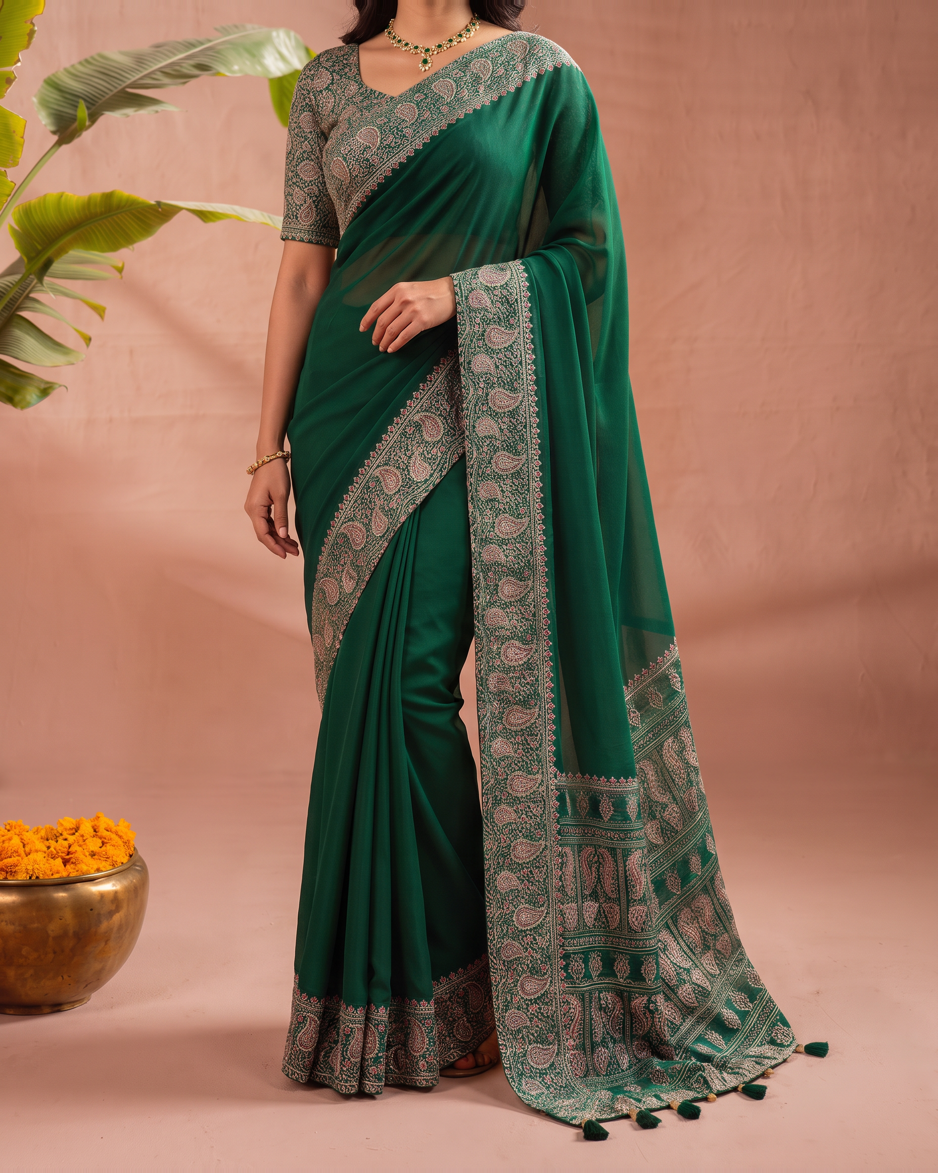 Prisha Green Gaji Festive Saree with Classic Pallu - Green - lower closeup
