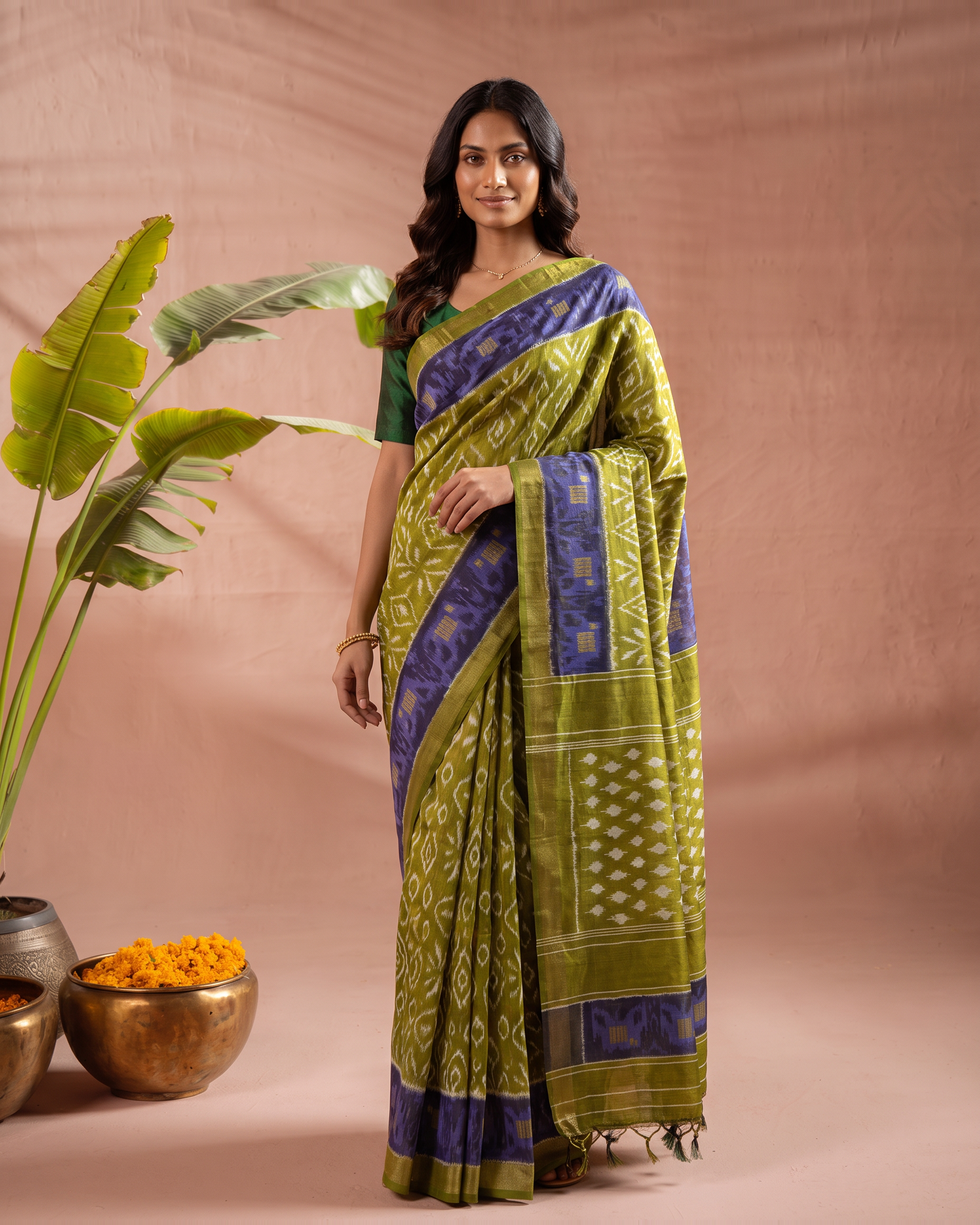 Pure Cotton Olive Green Saree with Blue Border & Traditional Prints - Olive Green - hero