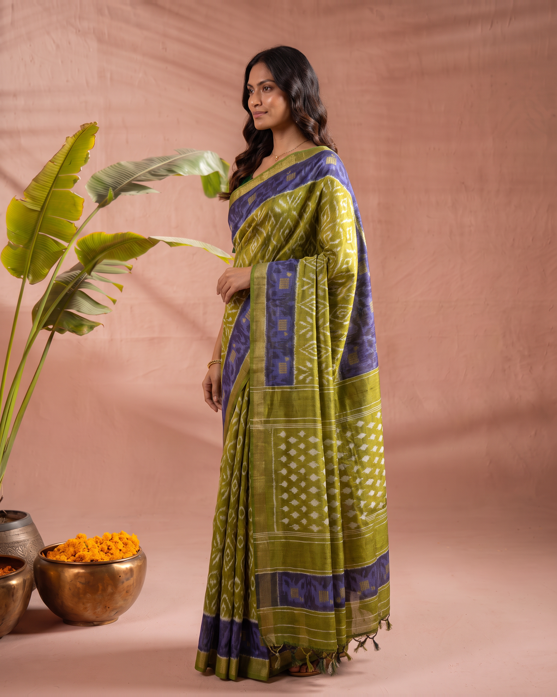 Pure Cotton Olive Green Saree with Blue Border & Traditional Prints - Olive Green - side