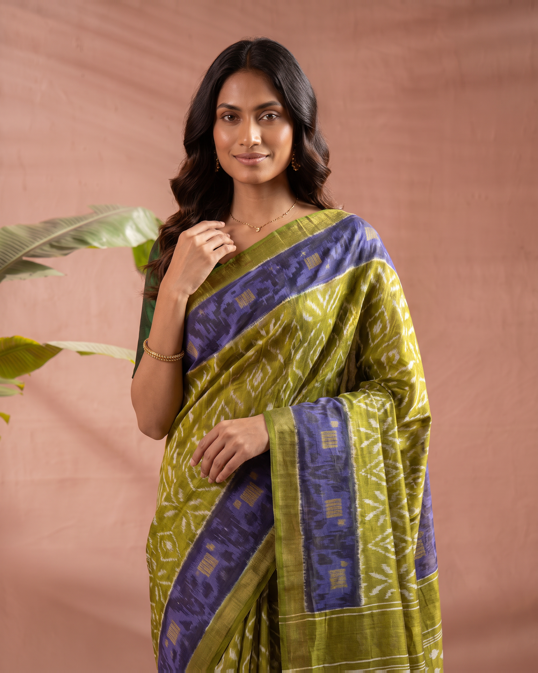 Pure Cotton Olive Green Saree with Blue Border & Traditional Prints - Olive Green - upper closeup - catalog replacement catalog-output-replacement-20260812-095206-5340