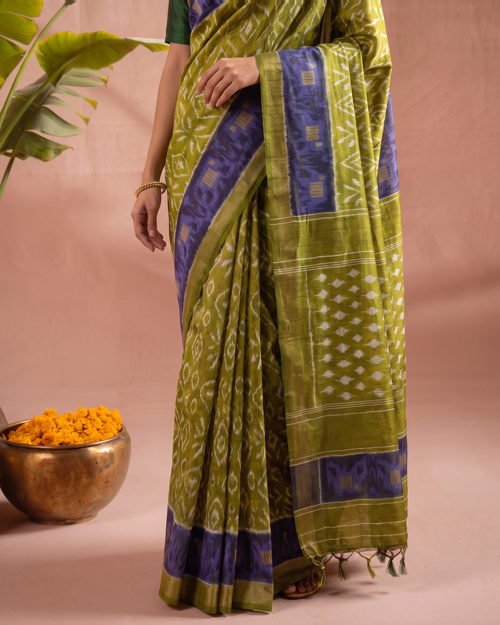 Pure Cotton Olive Green Saree with Blue Border & Traditional Prints - Olive Green - upper closeup