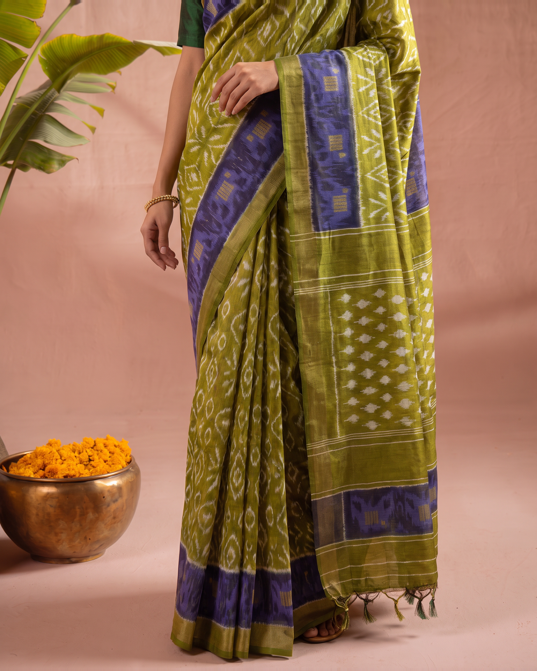 Pure Cotton Olive Green Saree with Blue Border & Traditional Prints - Olive Green - upper closeup