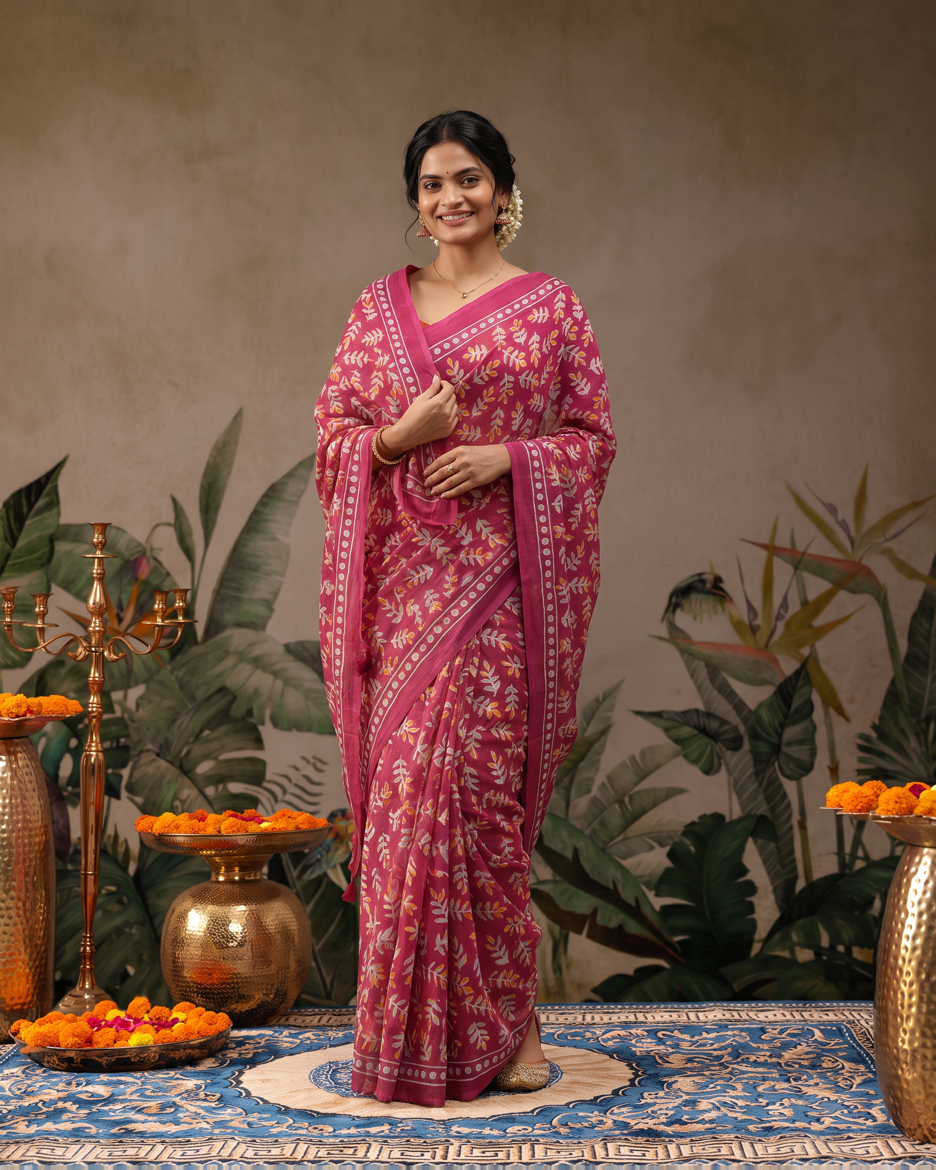 Pure Cotton Rani Pink Floral Printed Saree with Elegant Border - Rani Pink - hero