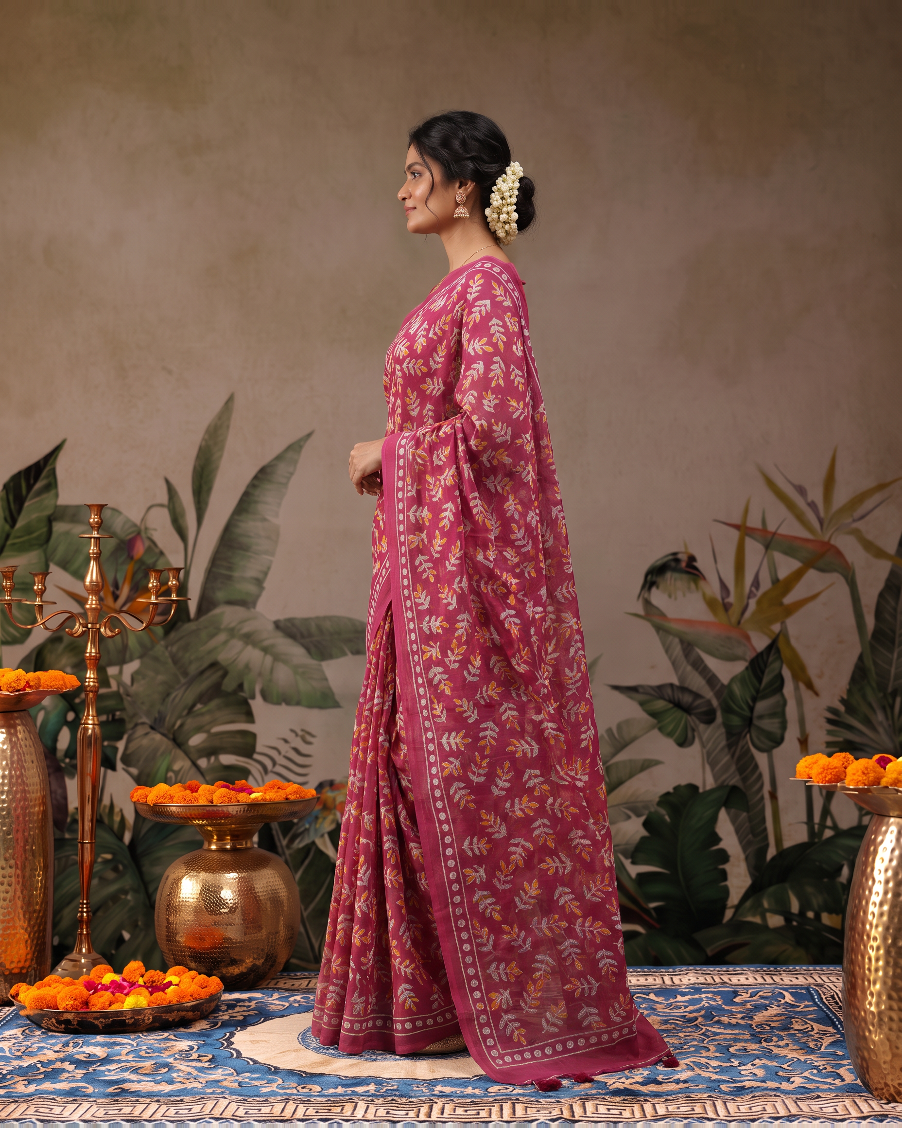 Pure Cotton Rani Pink Floral Printed Saree with Elegant Border - Rani Pink - side