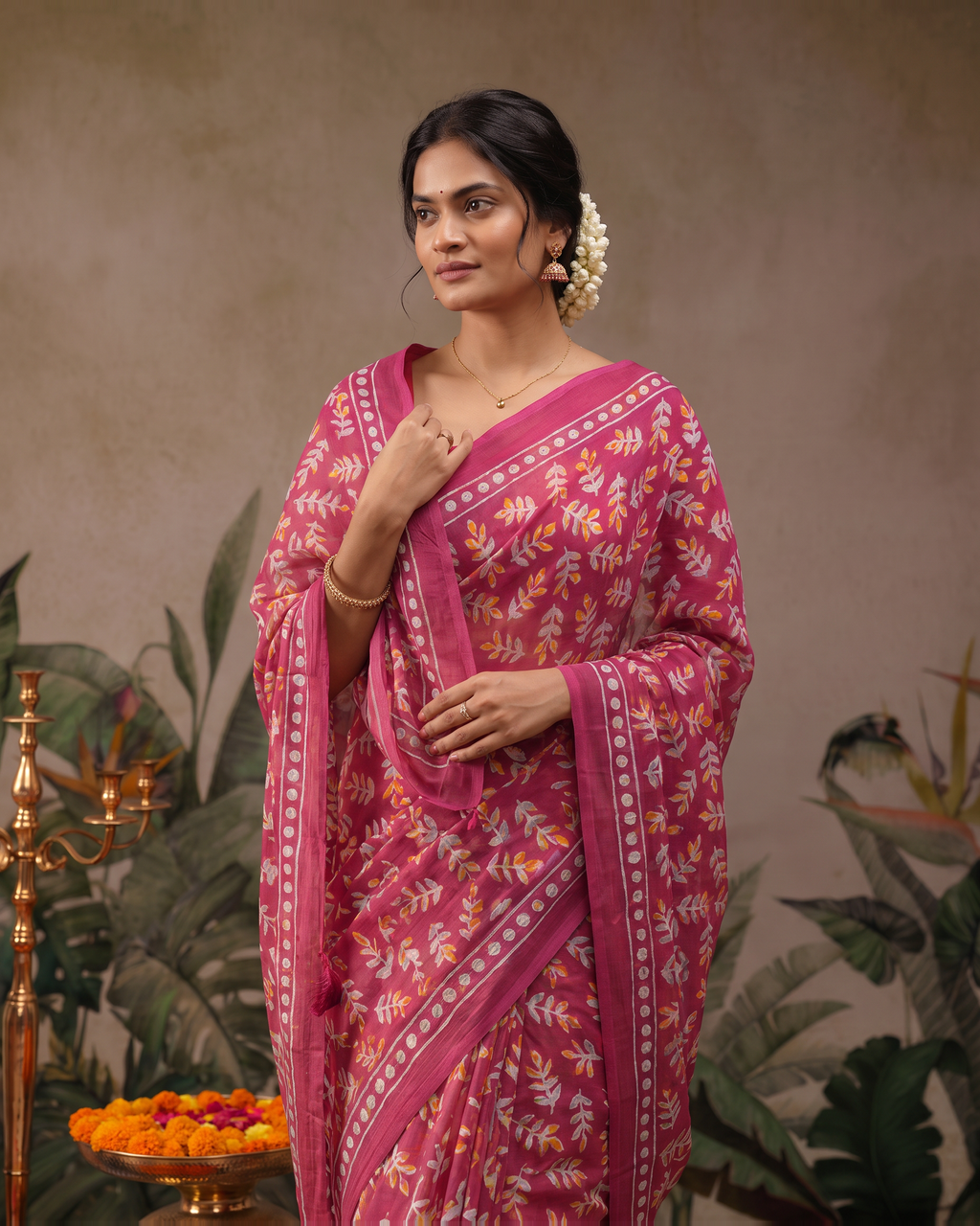 Pure Cotton Rani Pink Floral Printed Saree with Elegant Border - Rani Pink - upper closeup - catalog replacement catalog-output-replacement-20260812-095206-5340