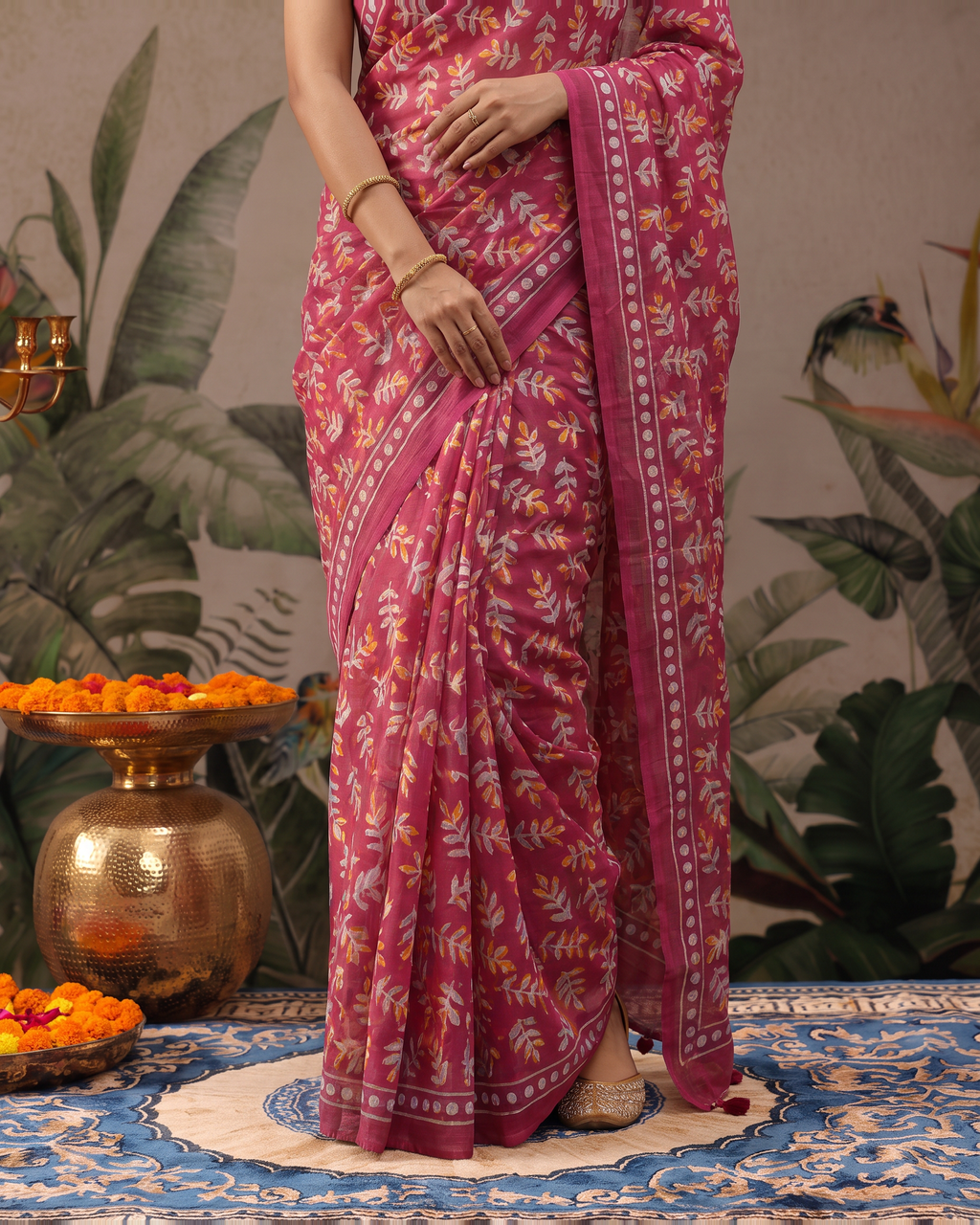 Pure Cotton Rani Pink Floral Printed Saree with Elegant Border - Rani Pink - upper closeup