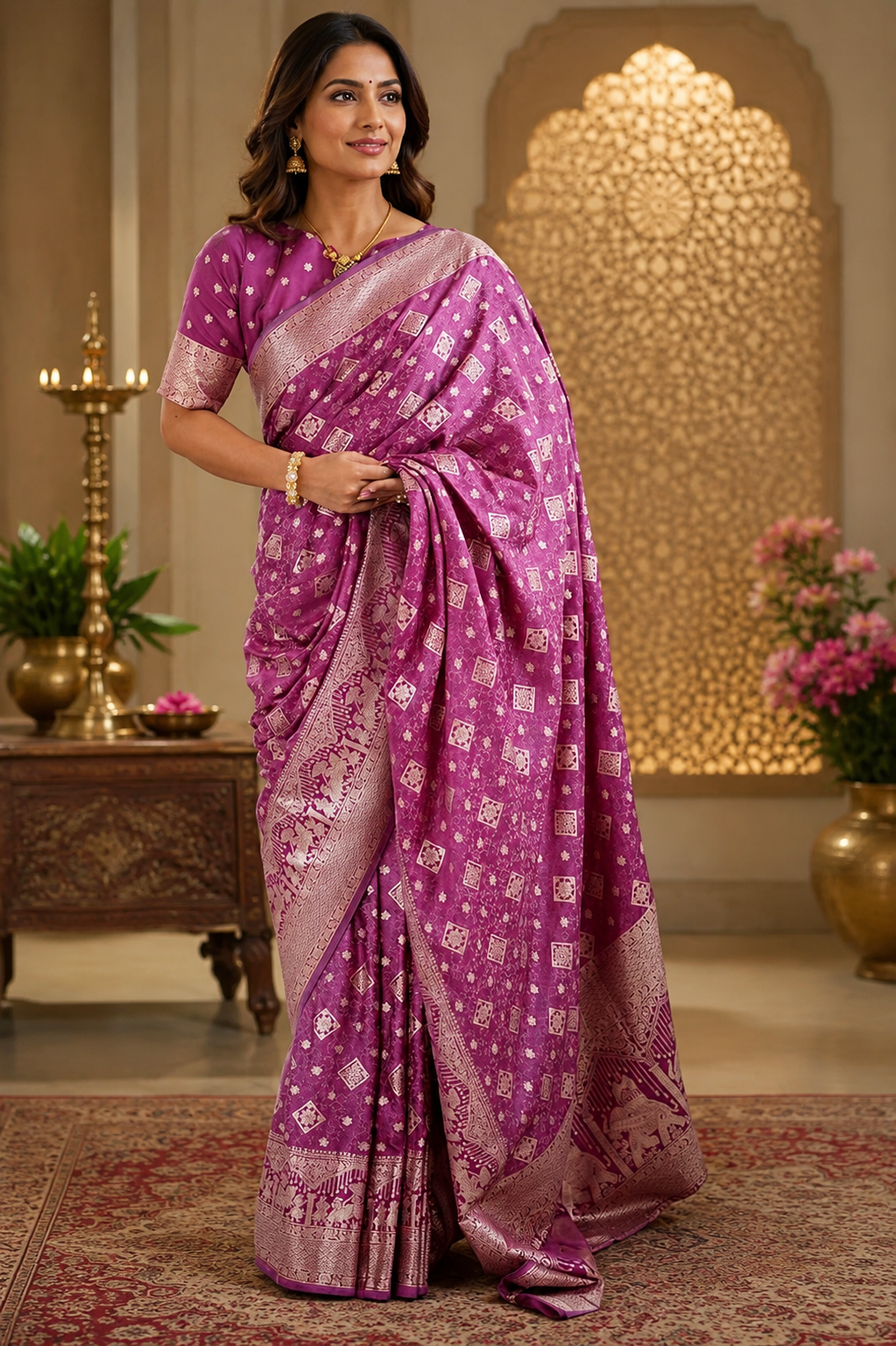 Purple Pure Silk Jari Weave Party Wear Saree - full saree hero