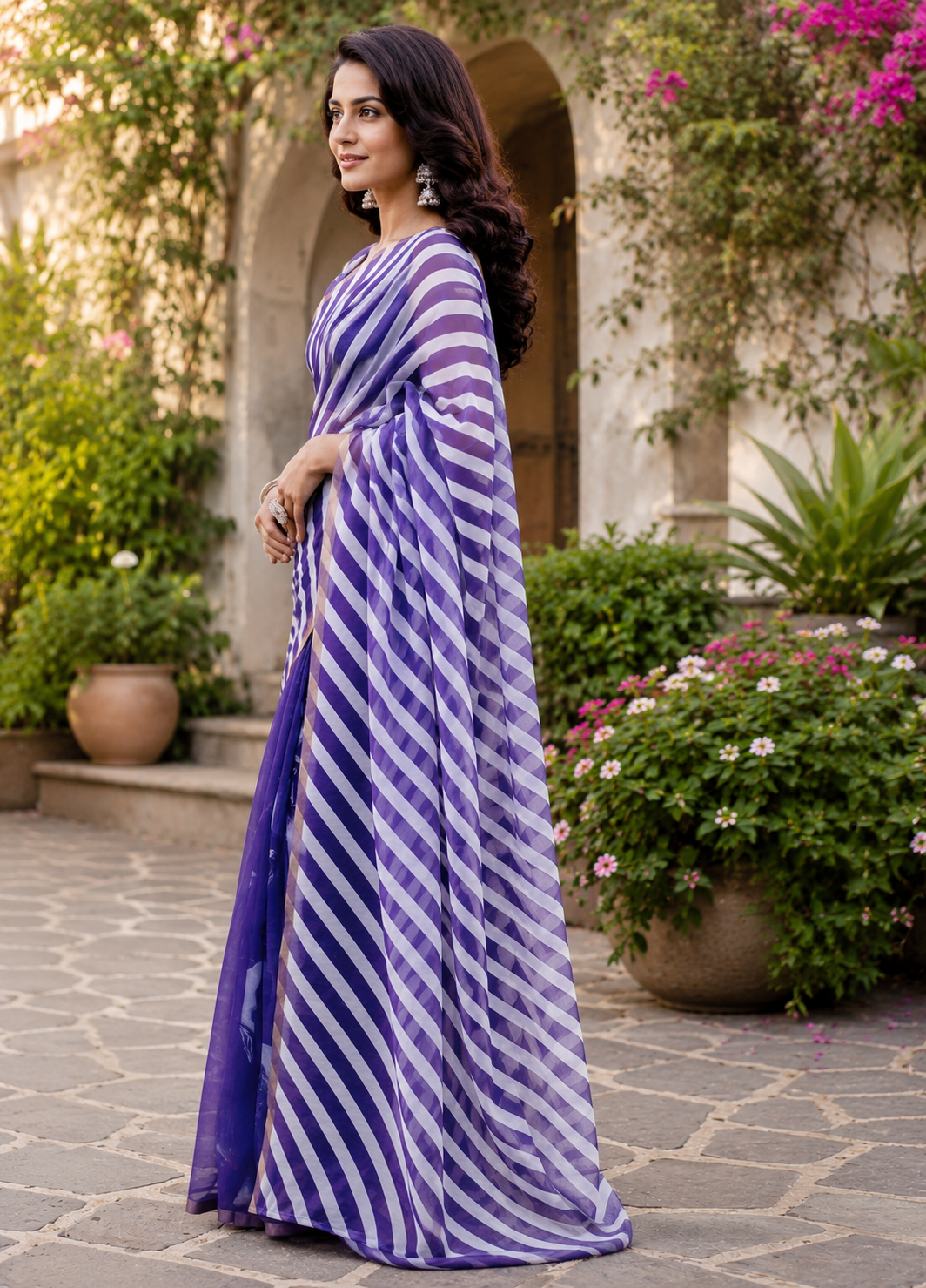 Purple White Stripe Chanderi Cotton Ready To Wear Saree - full saree
