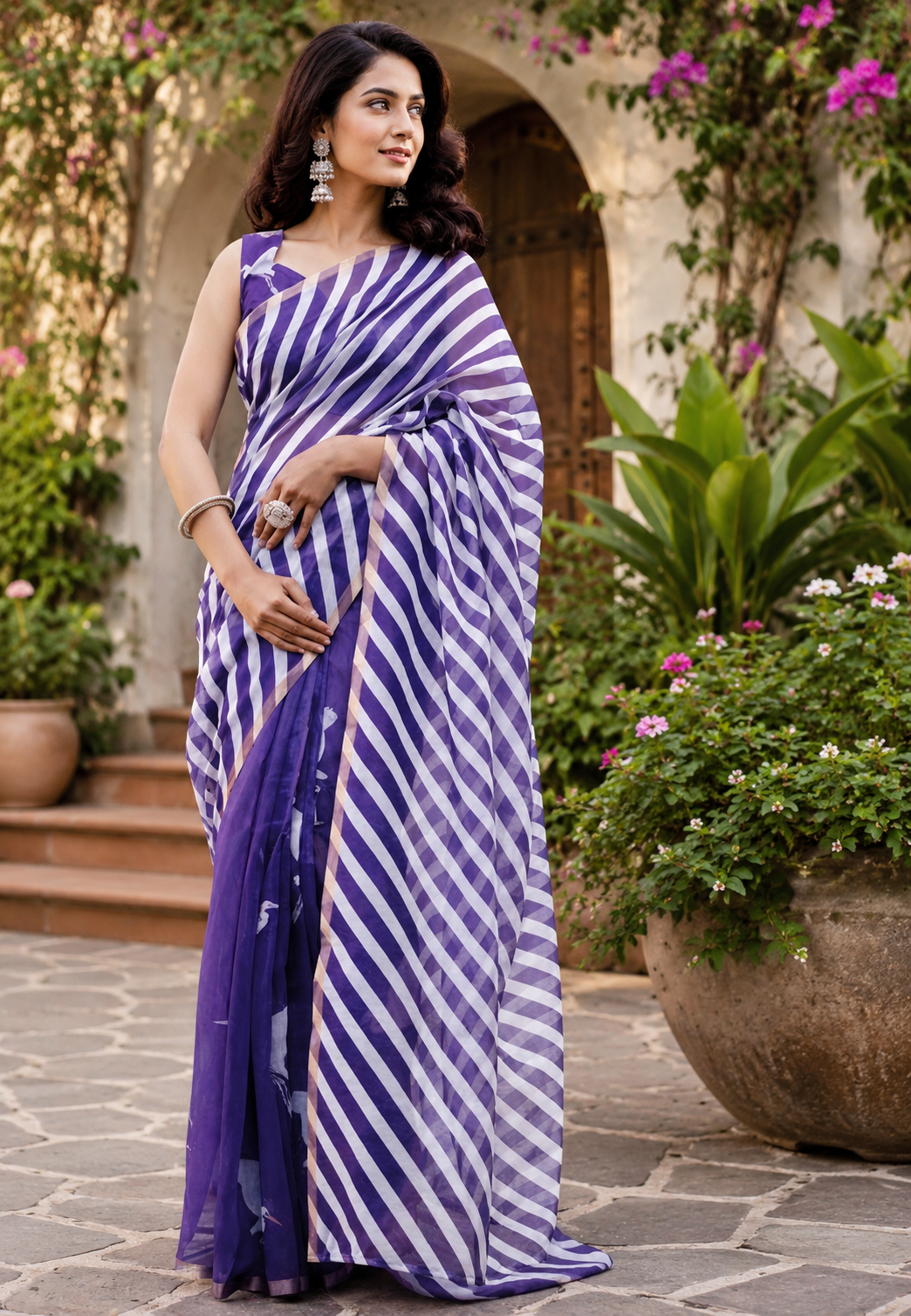 Purple White Stripe Chanderi Cotton Ready To Wear Saree - image 2