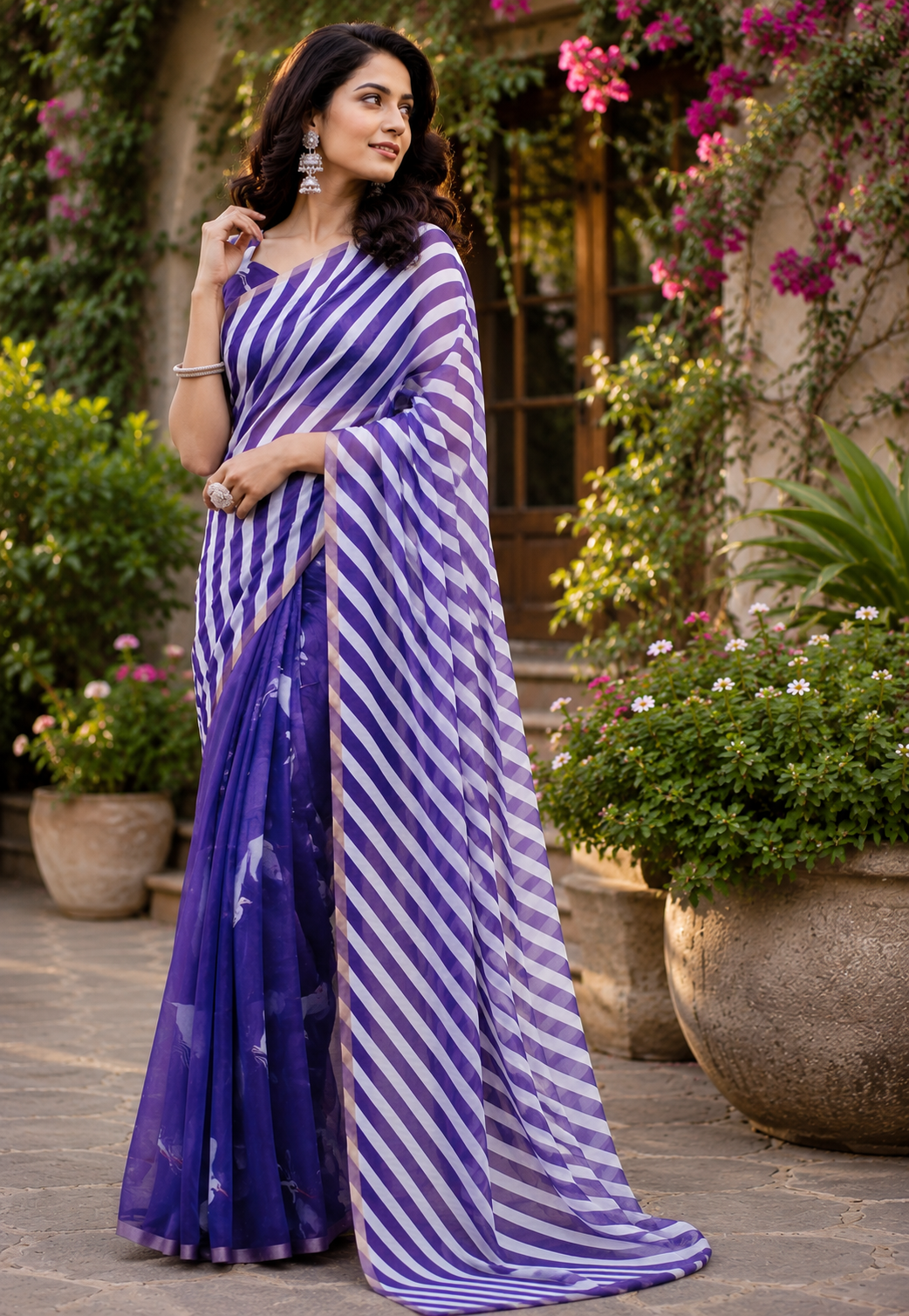 Purple White Stripe Chanderi Cotton Ready To Wear Saree - image 4